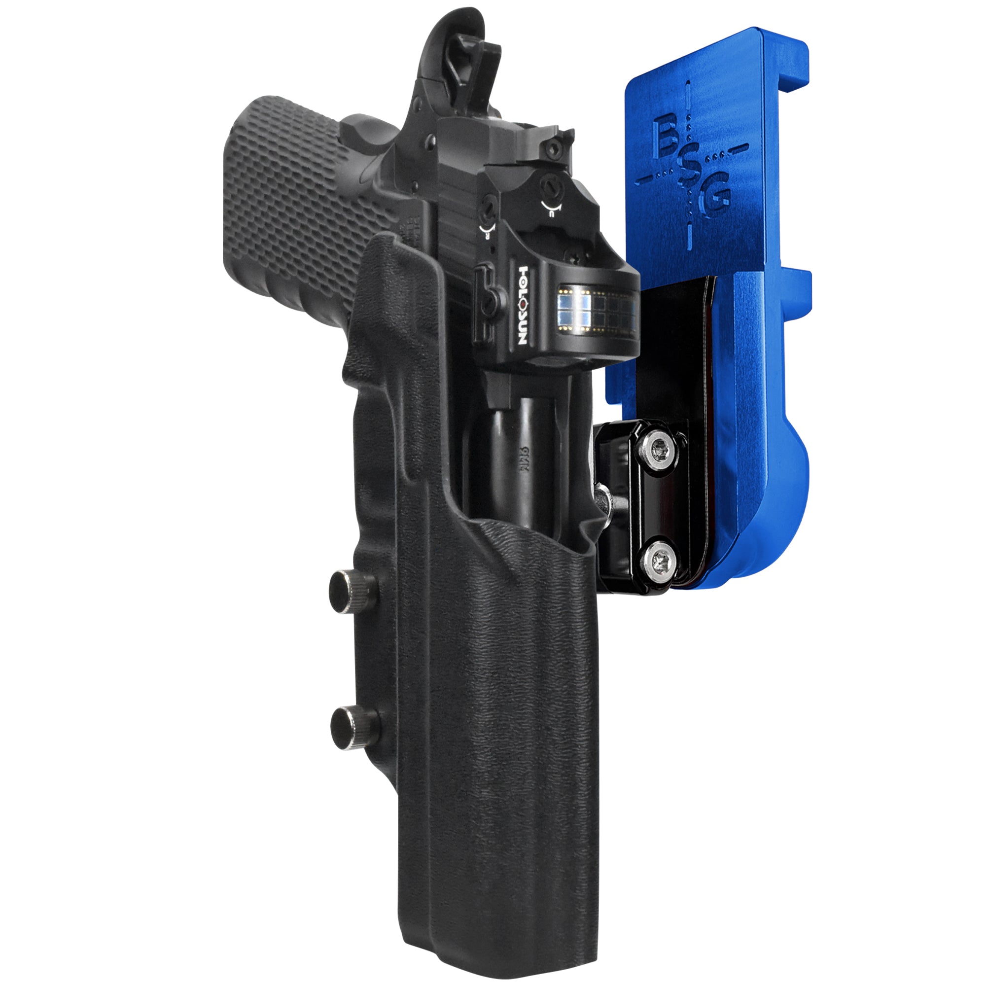 1911 Platypus IPSC/USPA Quick Mount Ball Joint Holster with Blue Belt Attachment, Black Holster Shell