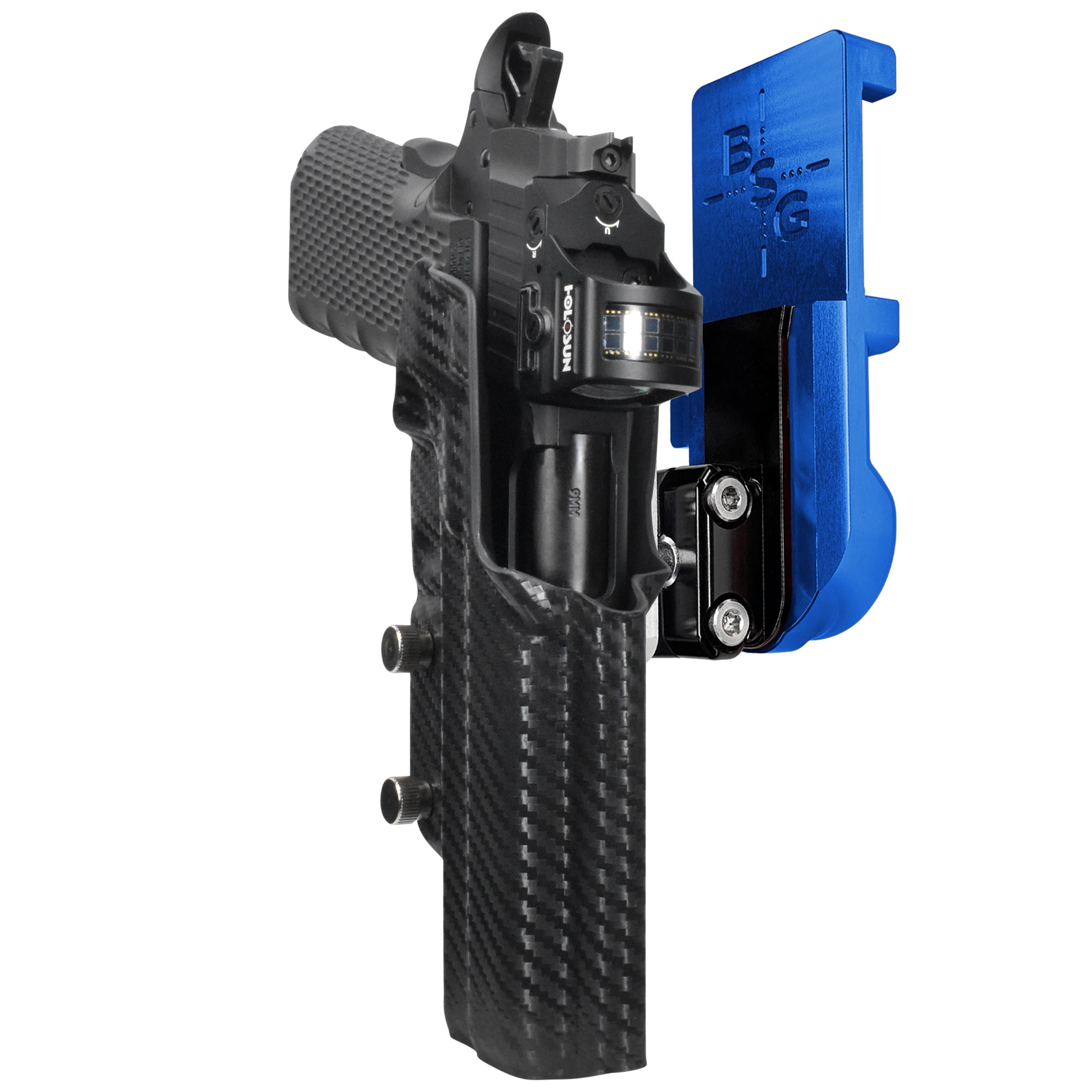 1911 Platypus IPSC/USPA Quick Mount Ball Joint Holster with Blue Belt Attachment, Carbon Fiber Holster Shell