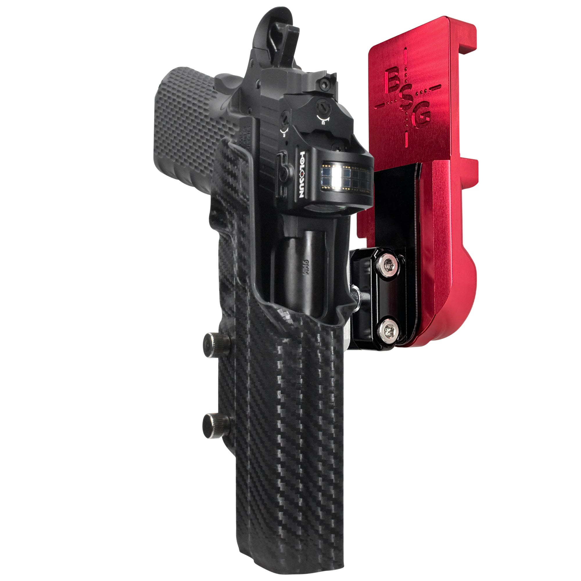 1911 Platypus IPSC/USPA Quick Mount Ball Joint Holster with Red Belt Attachment, Carbon Fiber Holster Shell