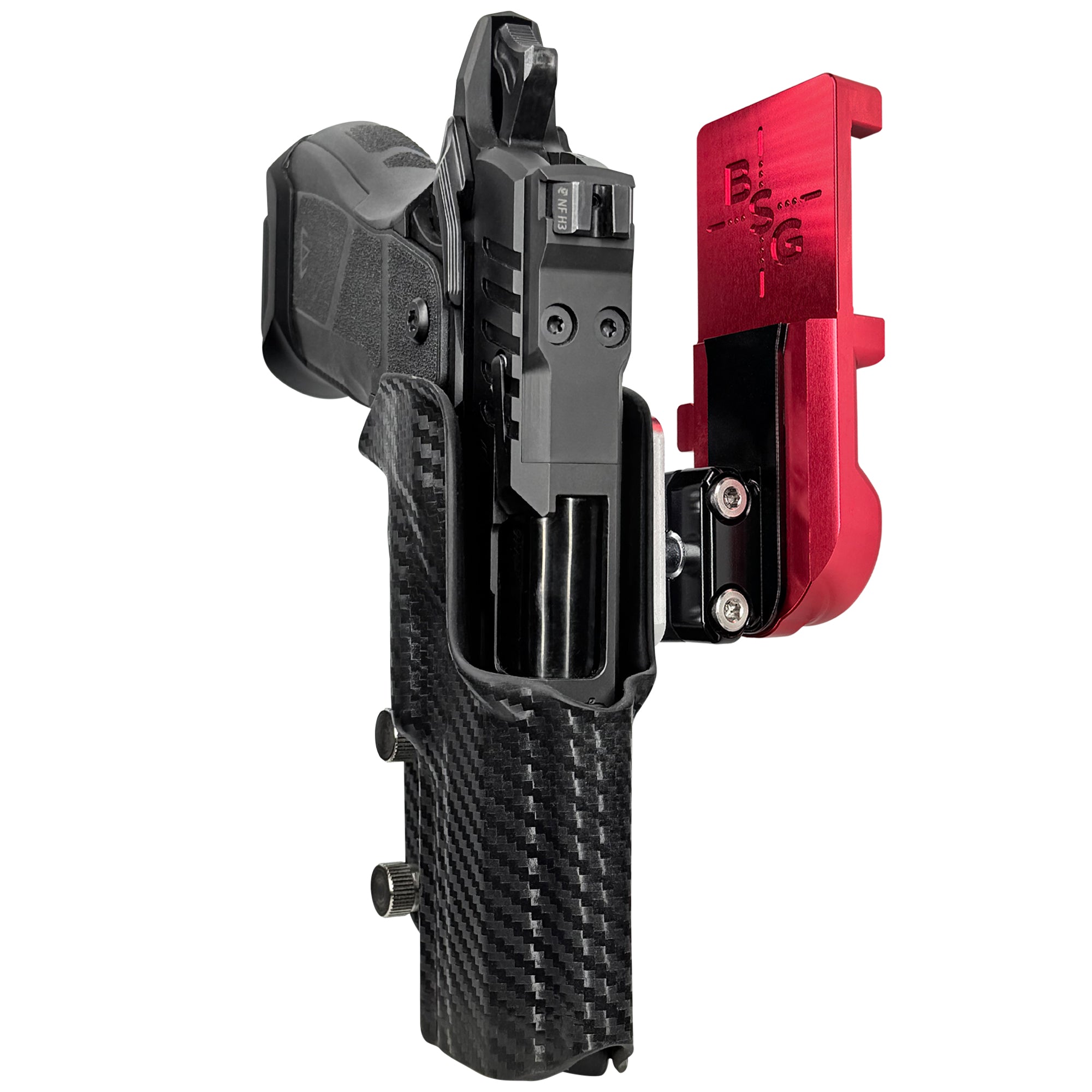 OA Defense 2311 Compact Pro Elite IPSC/USPA Quick Mount Ball Joint Holster with Red Belt Attachment, Carbon Fiber Holster Shell