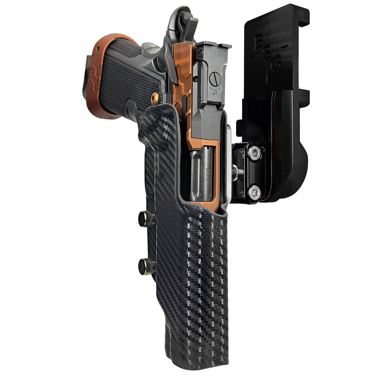 Kimber 2K11 Tapered Trigger Guard IPSC/USPSA Quick Mount Ball Joint Holster with Black Belt Attachment, Carbon Fiber Holster Shell