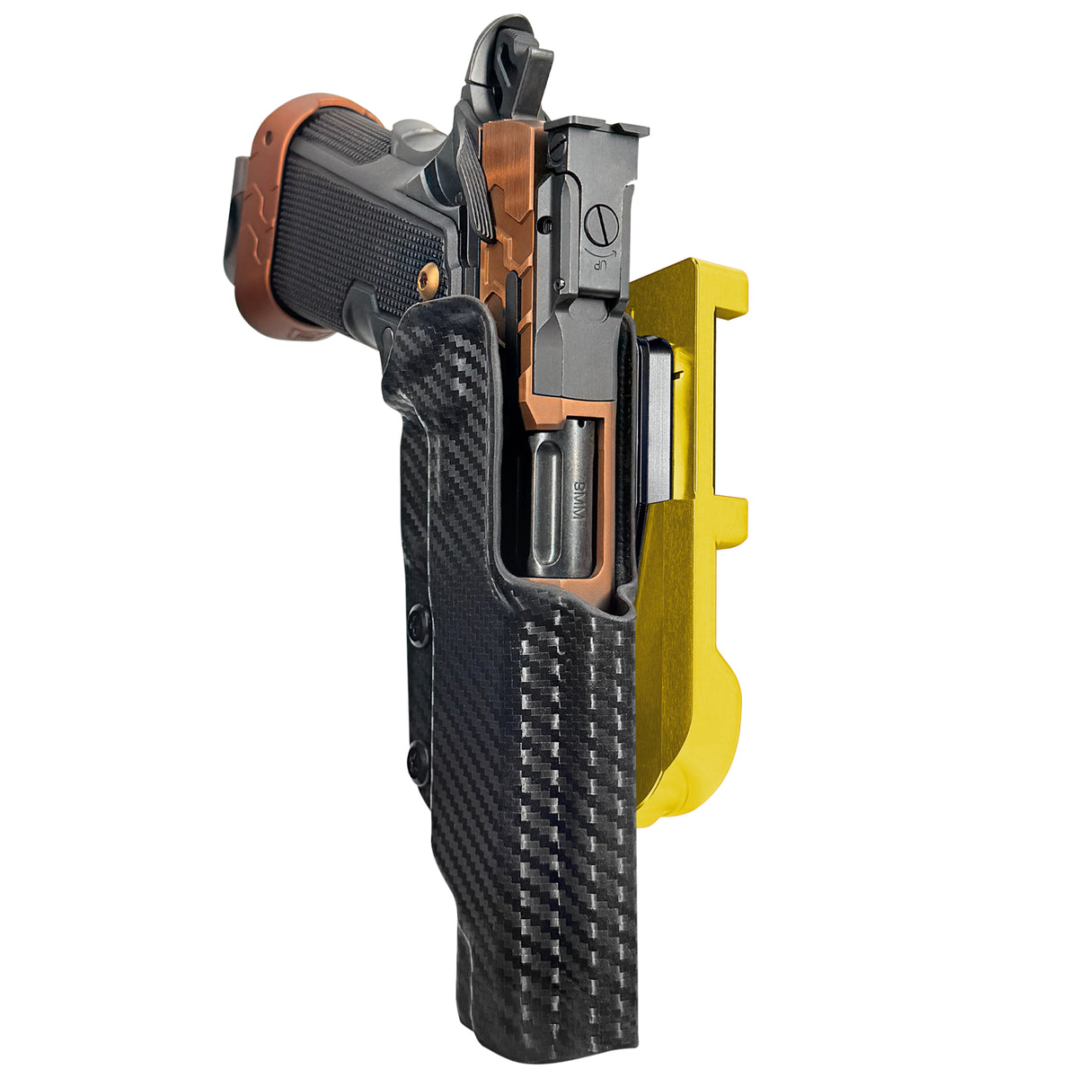 Kimber 2K11 Tapered Trigger Guard IDPA Quick Mount Holster with 24K Gold Belt Attachment, Carbon Fiber Holster Shell
