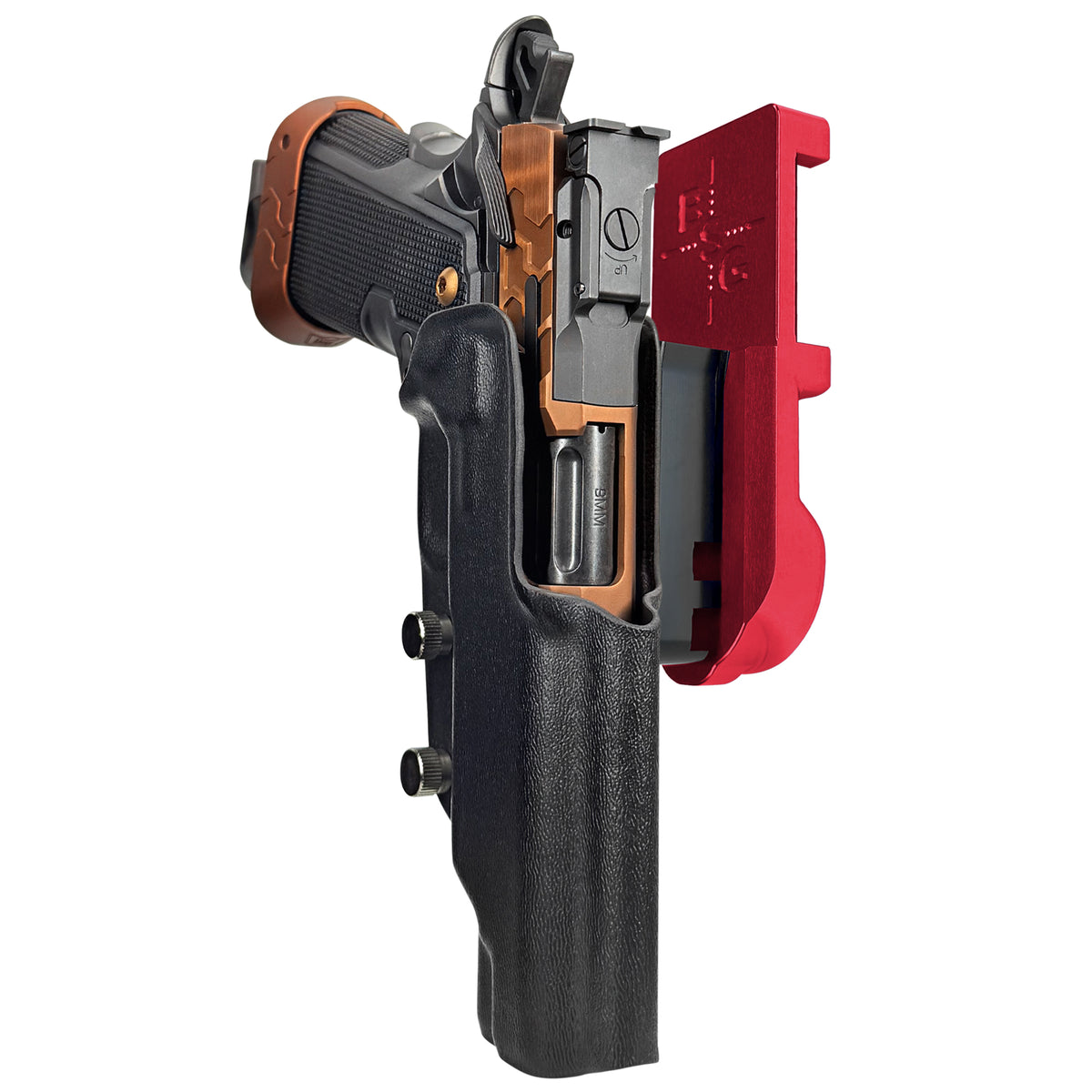 Kimber 2K11 Tapered Trigger Guard IPSC/USPSA Quick Mount Holster with Red Belt Attachment, Black Holster Shell