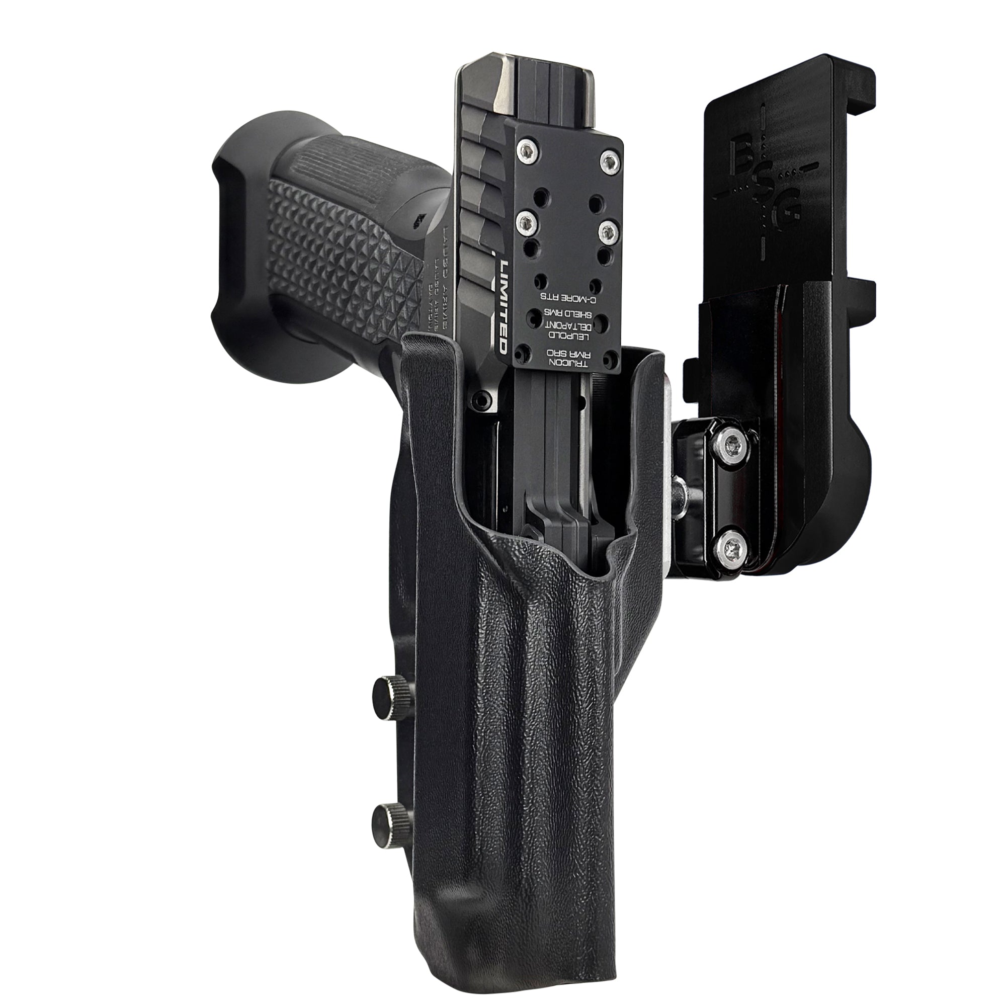 Laugo Arms Alien Creator Limited Optics IPSC/USPA Quick Mount Ball Joint Holster with Black Belt Attachment, Black Holster Shell