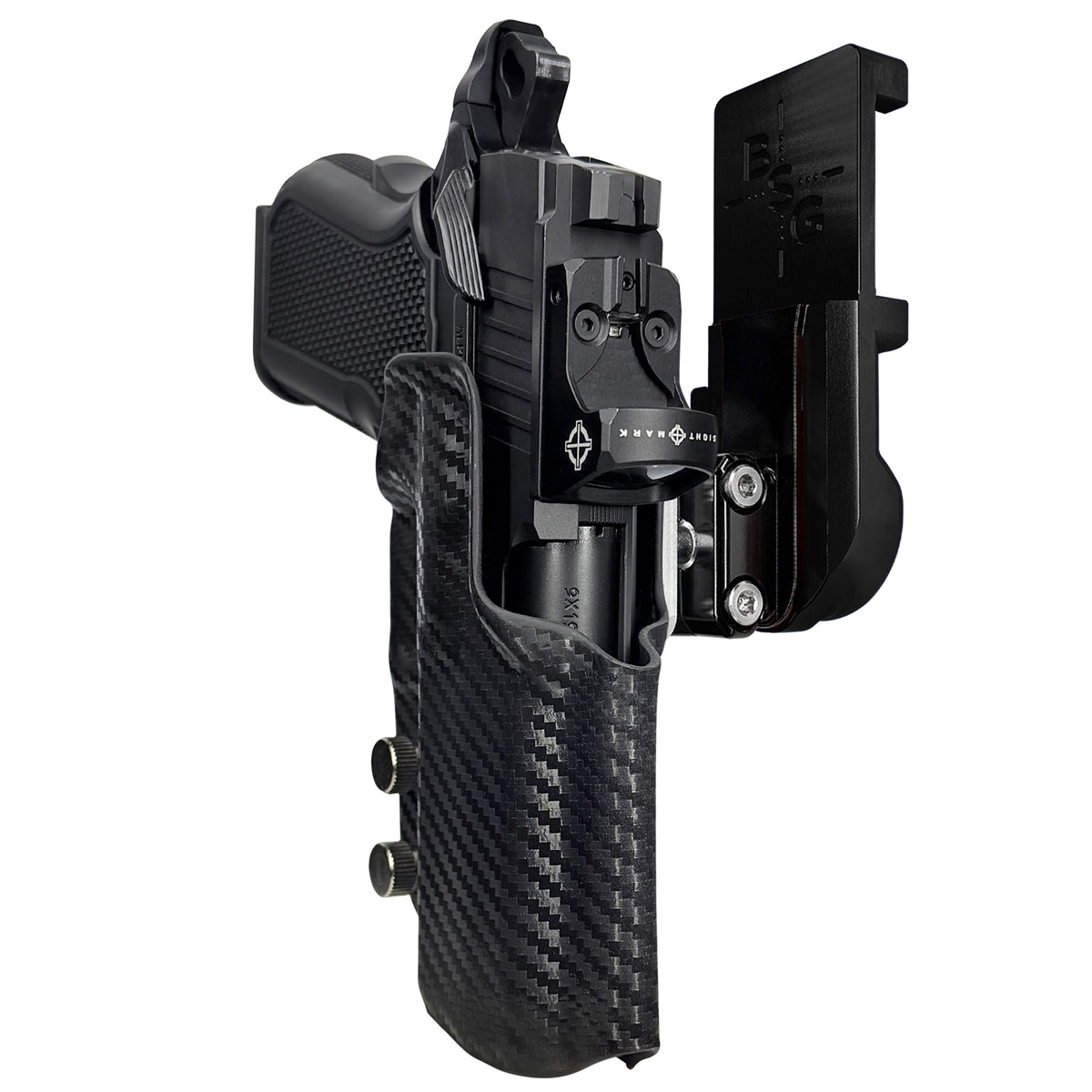Alpha Foxtrot Attila IPSC/USPSA Quick Mount Ball Joint Holster with Black Belt Attachment, Carbon Fiber Holster Shell
