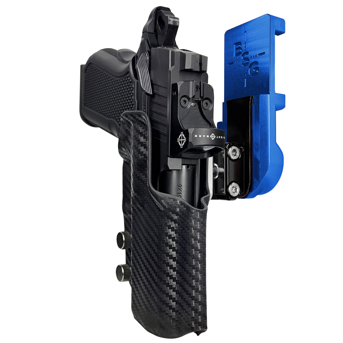 Alpha Foxtrot Attila IPSC/USPSA Quick Mount Ball Joint Holster with Blue Belt Attachment, Carbon Fiber Holster Shell