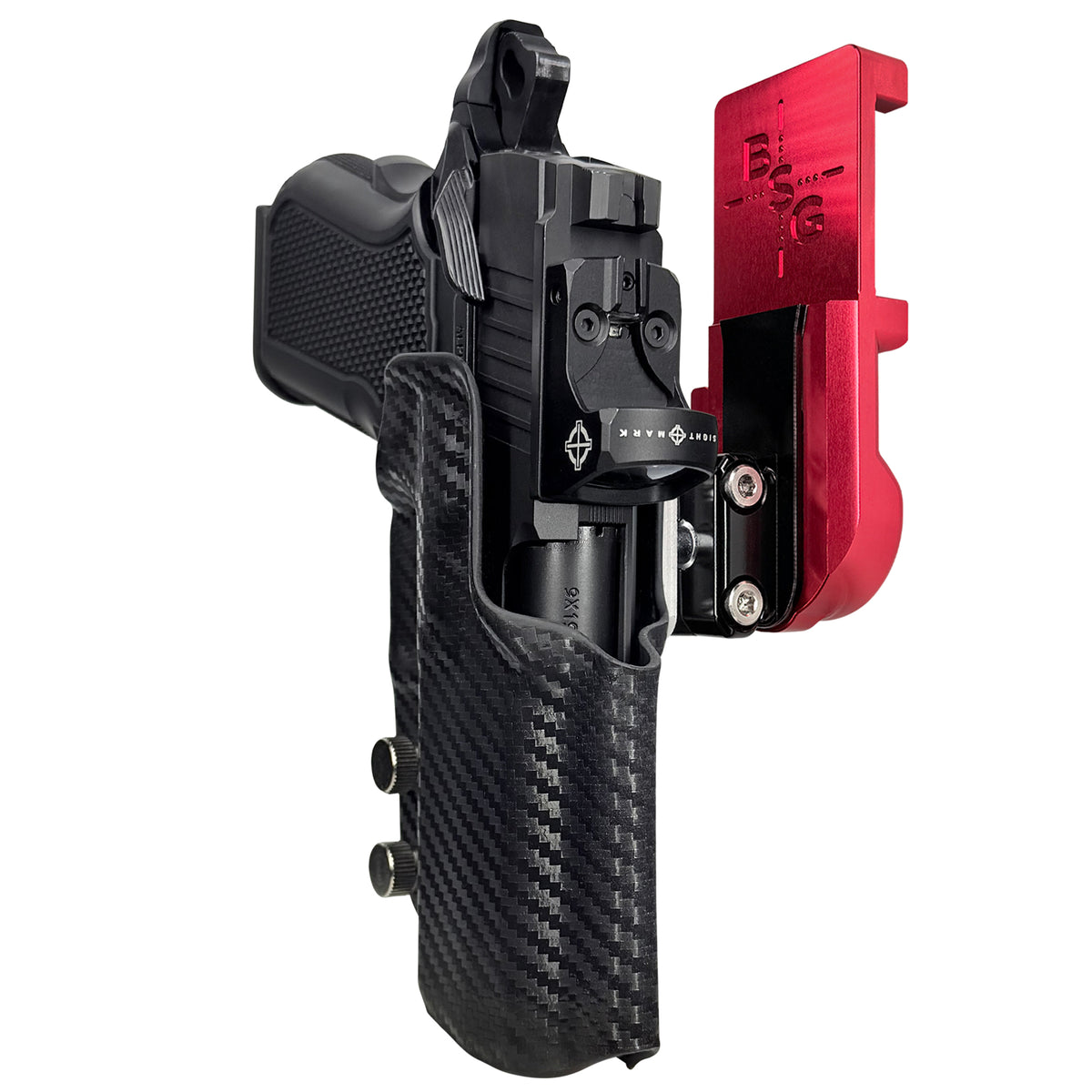 Alpha Foxtrot Attila IPSC/USPSA Quick Mount Ball Joint Holster with Red Belt Attachment, Carbon Fiber Holster Shell