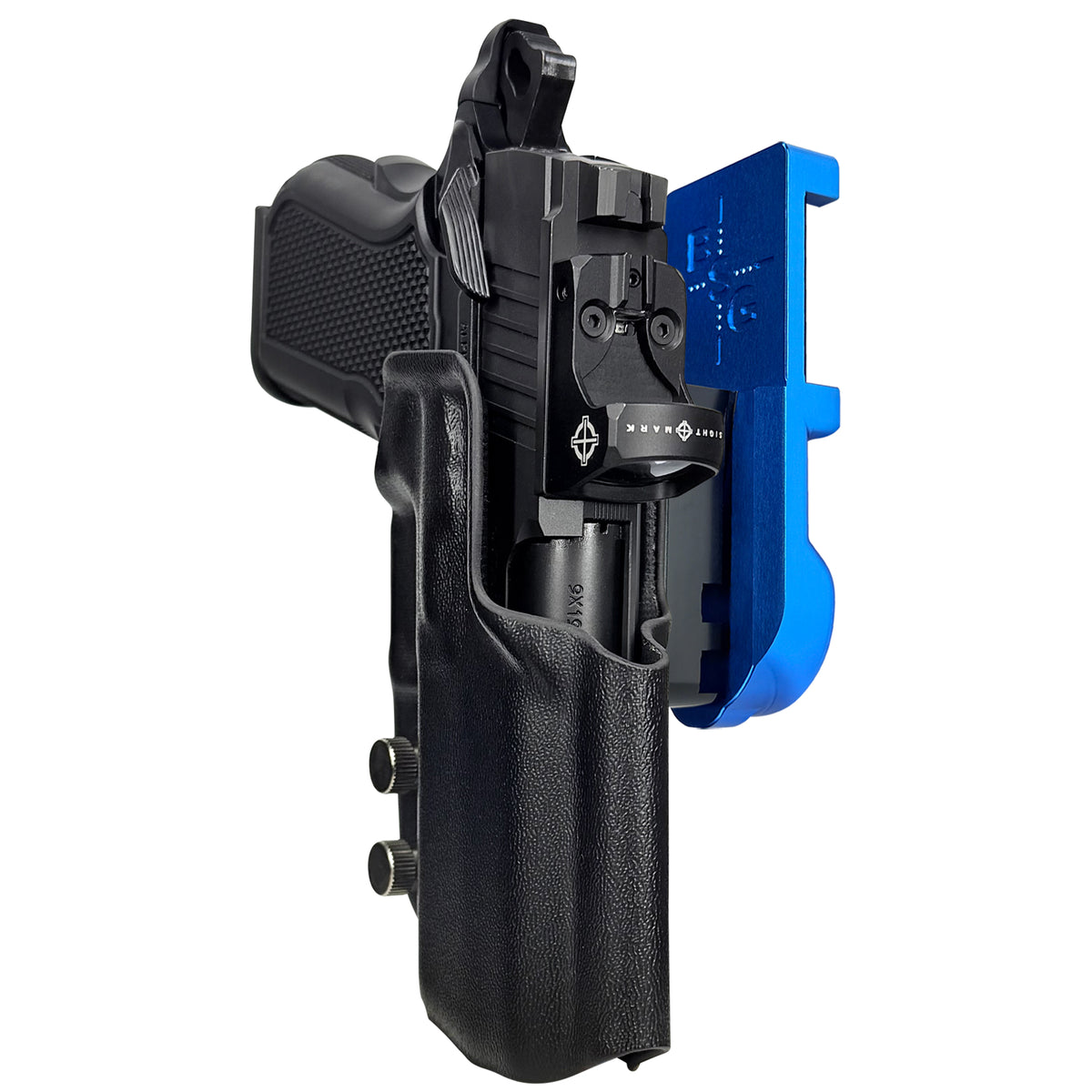 Alpha Foxtrot Attila IPSC/USPA Quick Mount Holster with Blue Belt Attachment, Black Holster Shell