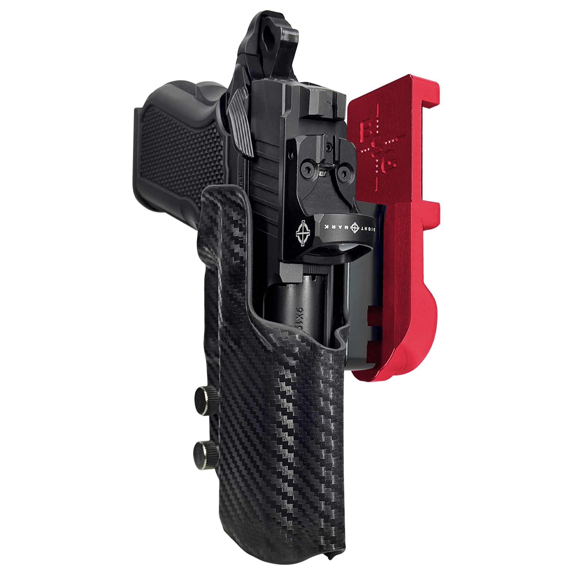 Alpha Foxtrot Attila IPSC/USPA Quick Mount Holster with Red Belt Attachment, Carbon Fiber Holster Shell