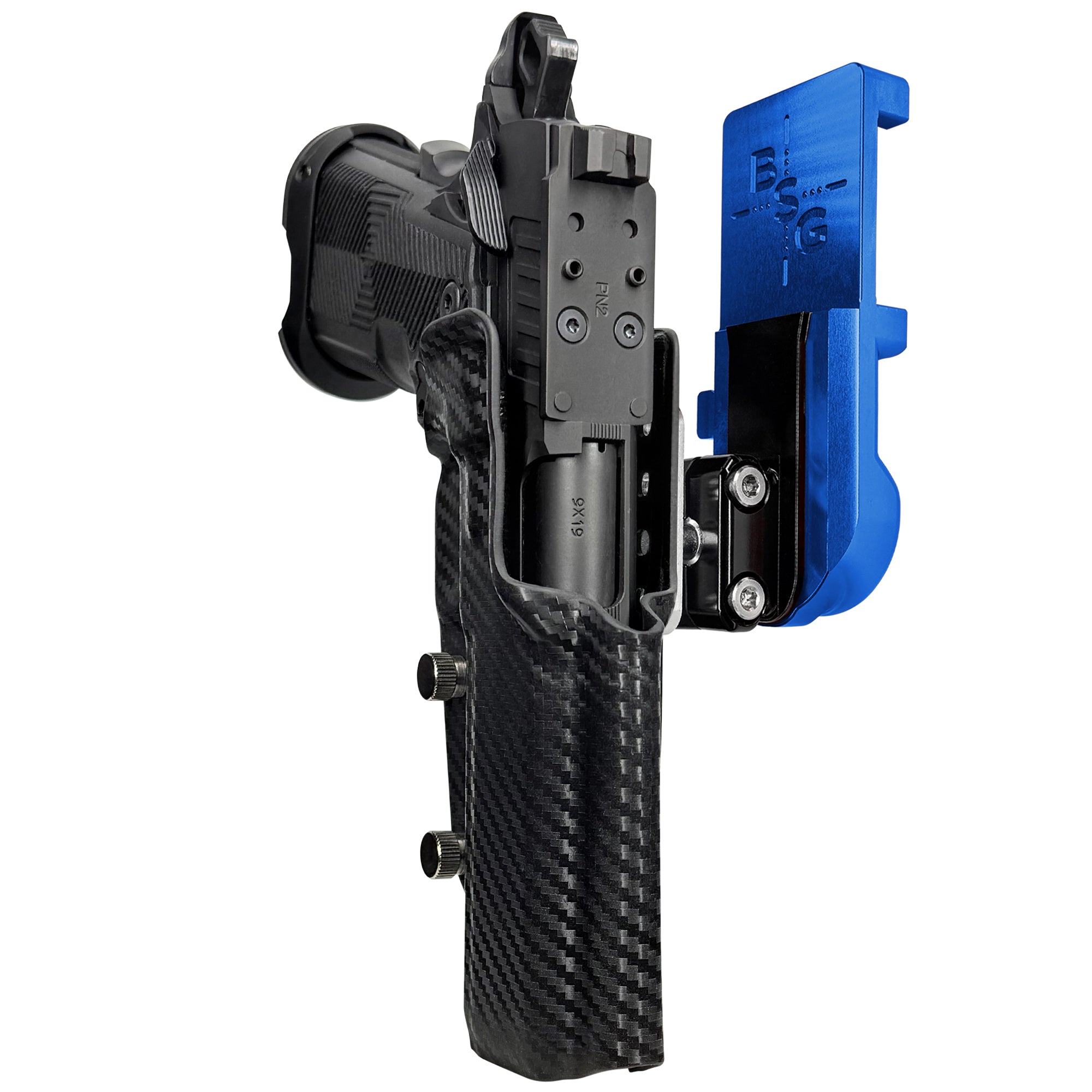 AF Romulus 4.25'' Comp IPSC/USPA Quick Mount Ball Joint Holster with Blue Belt Attachment, Carbon Fiber Holster Shell