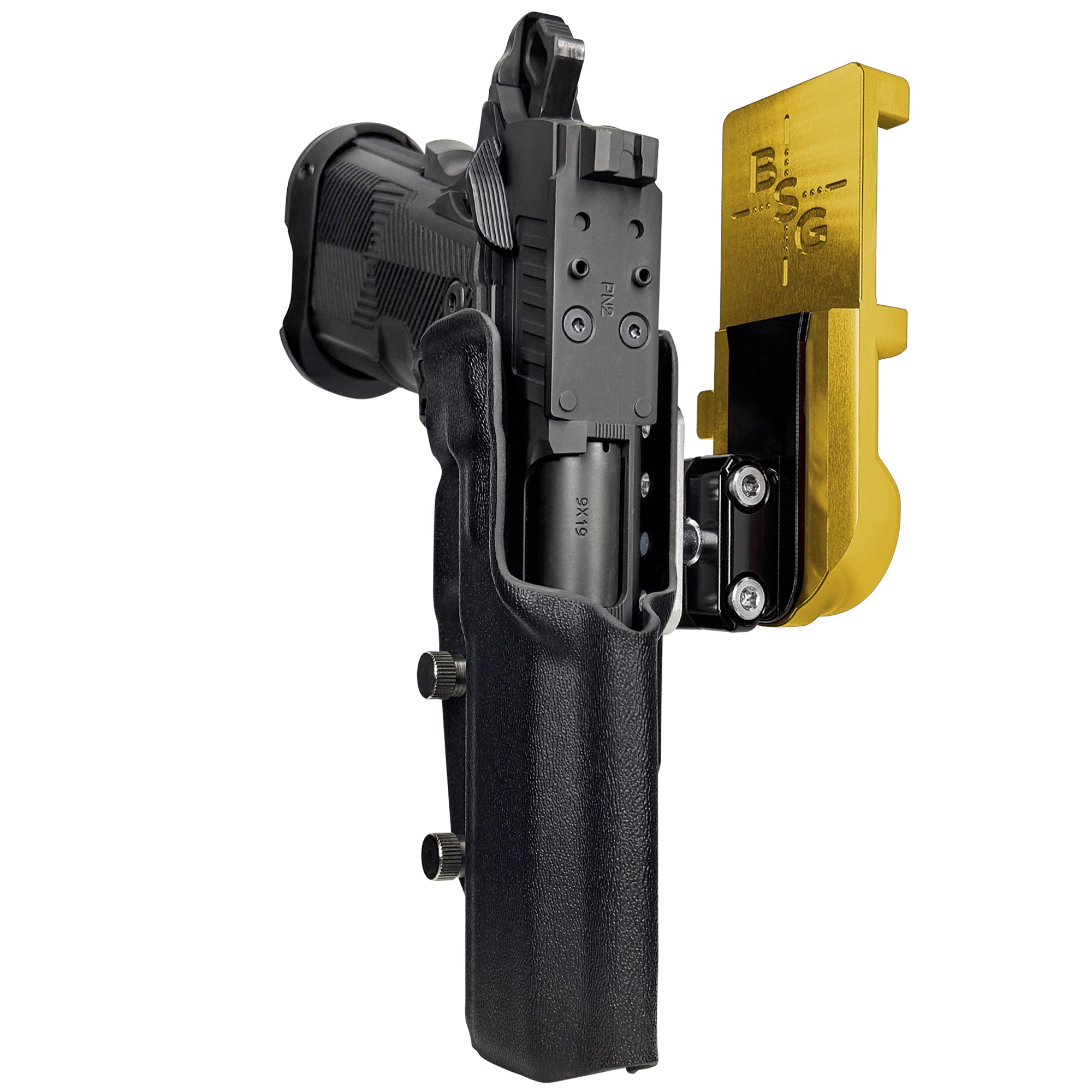 AF Romulus 4.25'' Comp IPSC/USPA Quick Mount Ball Joint Holster with 24K Gold Belt Attachment, Black Holster Shell