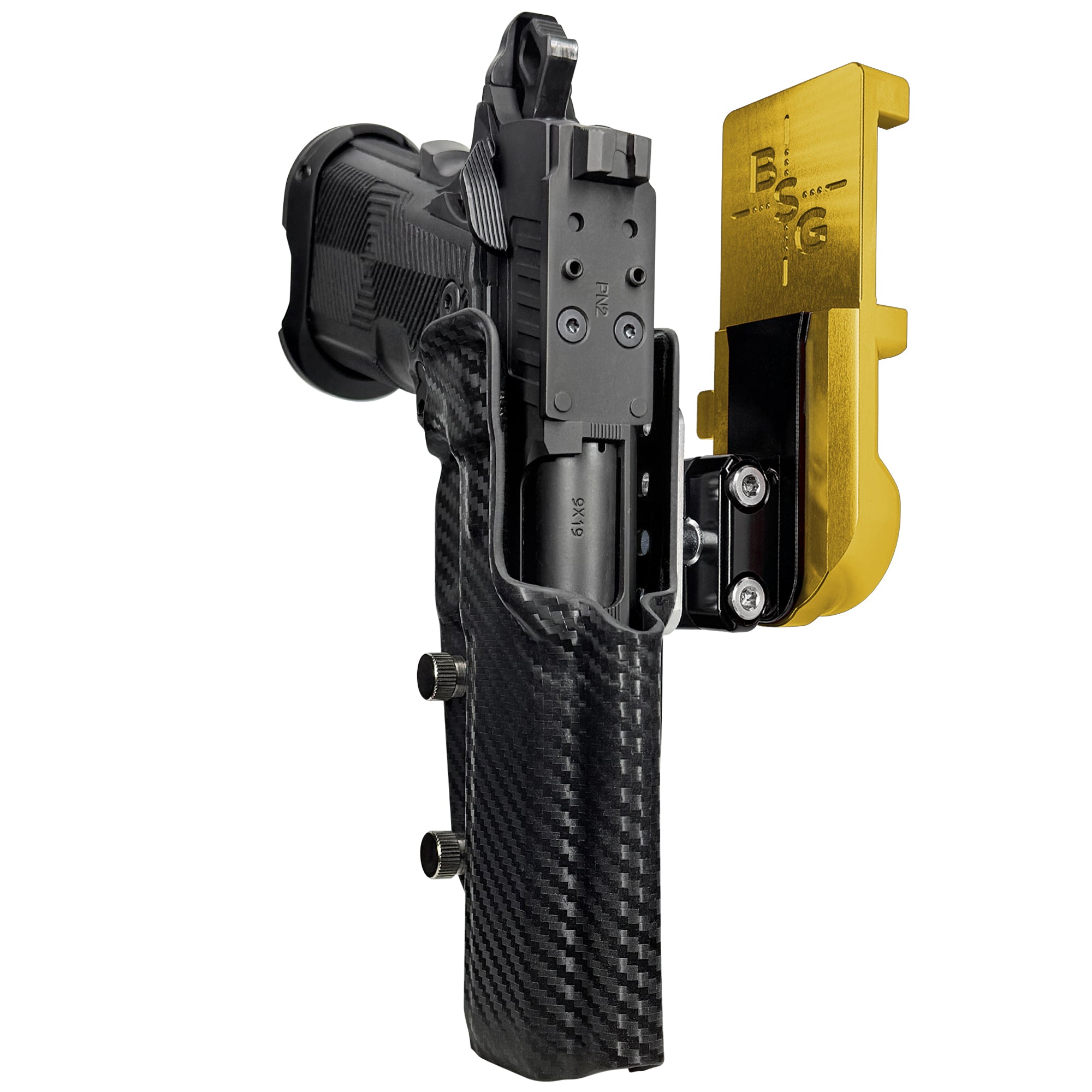AF Romulus 4.25'' Comp IPSC/USPA Quick Mount Ball Joint Holster with 24K Gold Belt Attachment, Carbon Fiber Holster Shell