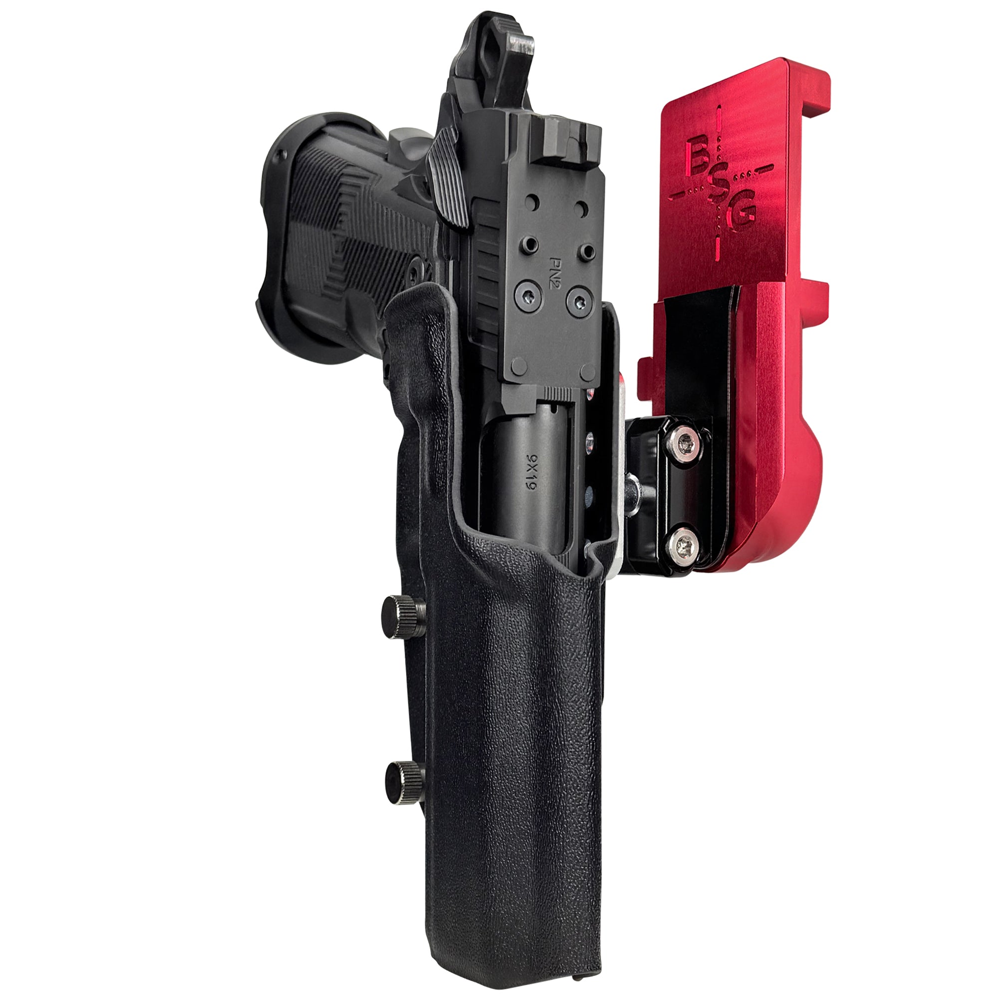 AF Romulus 4.25'' Comp IPSC/USPA Quick Mount Ball Joint Holster with Red Belt Attachment, Black Holster Shell