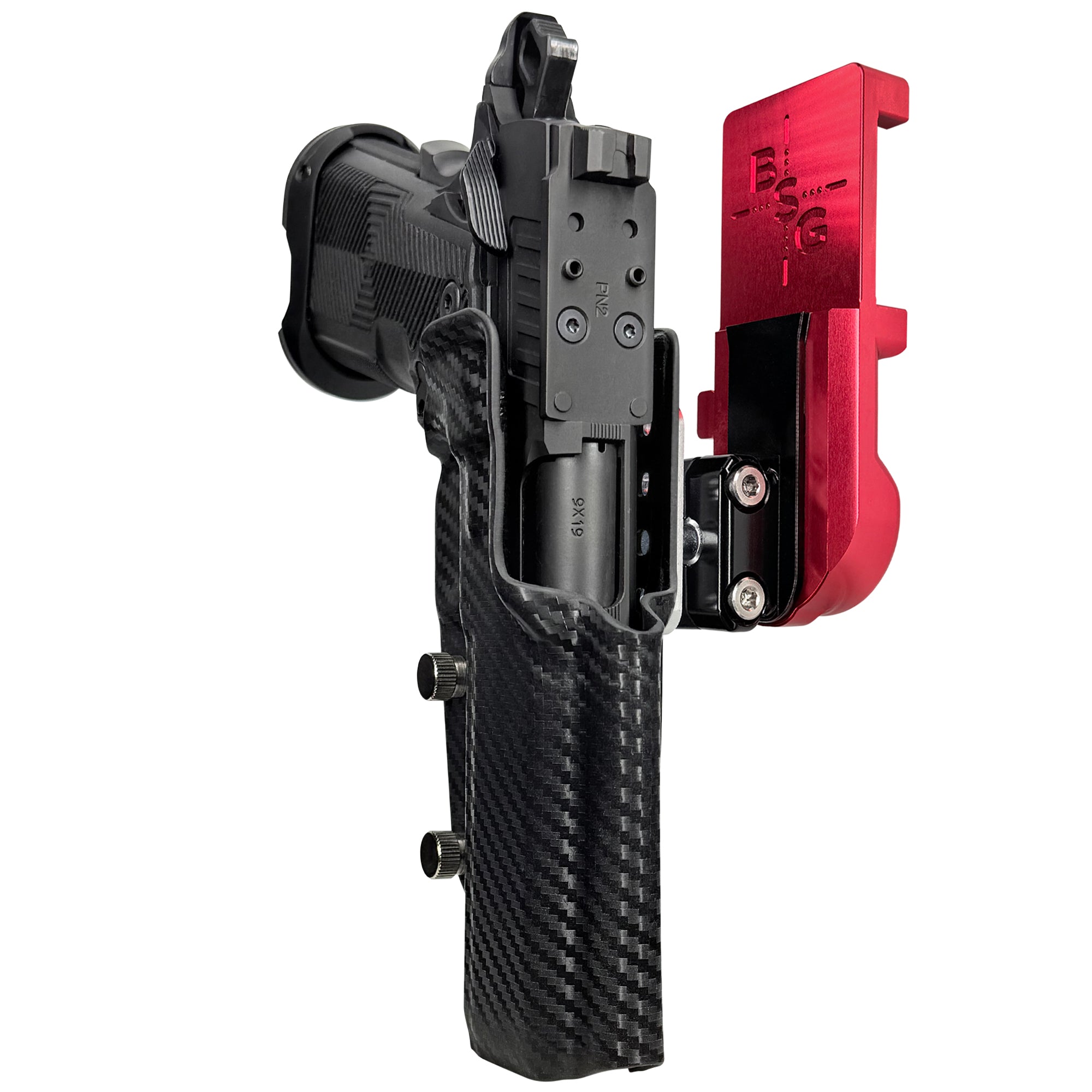 AF Romulus 4.25'' Comp IPSC/USPA Quick Mount Ball Joint Holster with Red Belt Attachment, Carbon Fiber Holster Shell