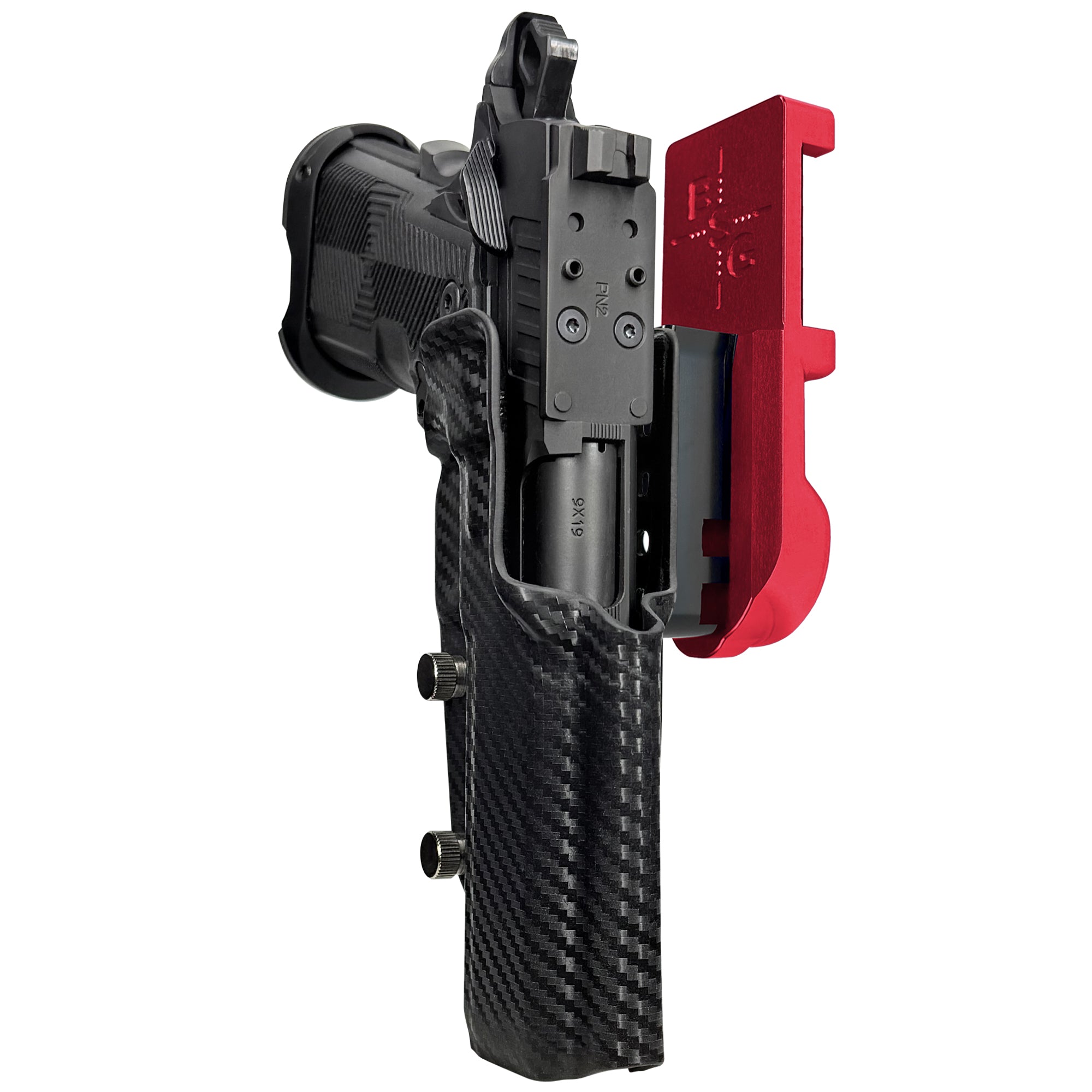 AF Romulus 4.25'' Comp IPSC/USPA Quick Mount Holster with Red Belt Attachment, Carbon Fiber Holster Shell