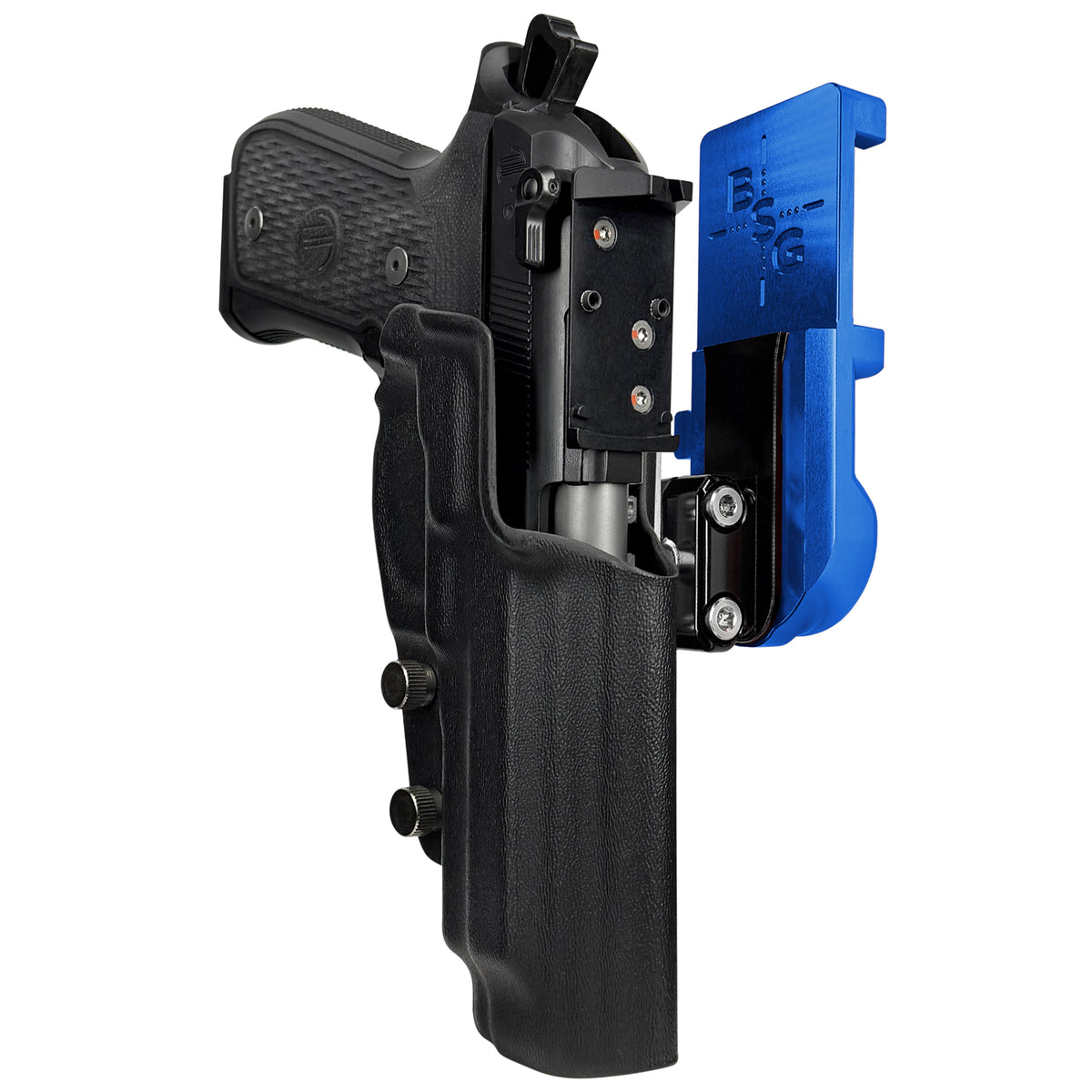 Beretta 92G Elite LTT IPSC/USPSA Quick Mount Ball Joint Holster with Blue Belt Attachment, Black Holster Shell
