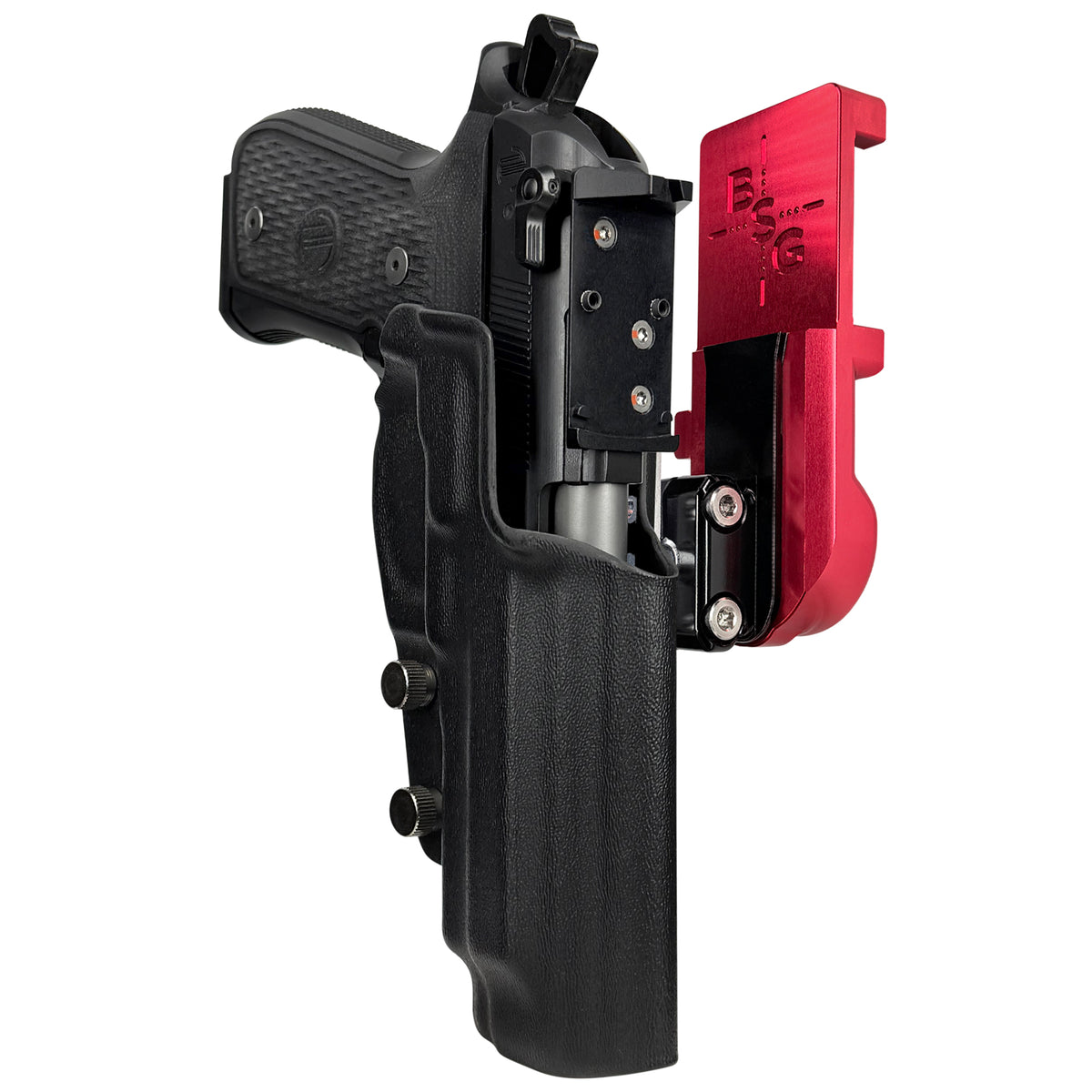 Beretta 92G Elite LTT IPSC/USPSA Quick Mount Ball Joint Holster with Red Belt Attachment, Black Holster Shell