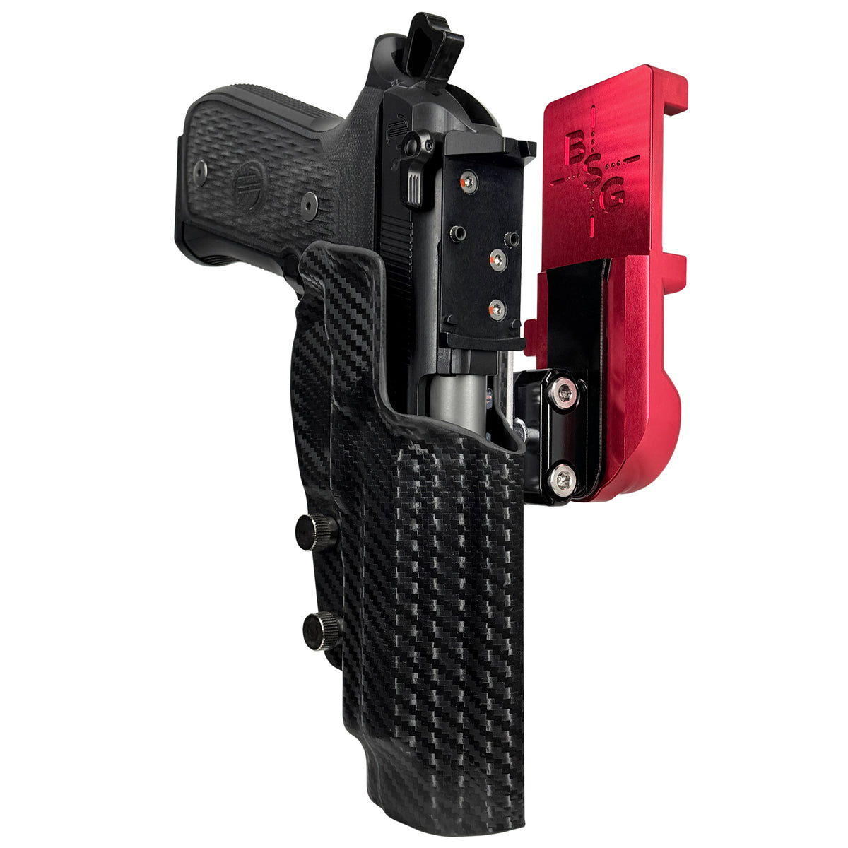 Beretta 92G Elite LTT IPSC/USPSA Quick Mount Ball Joint Holster with Red Belt Attachment, Carbon Fiber Holster Shell
