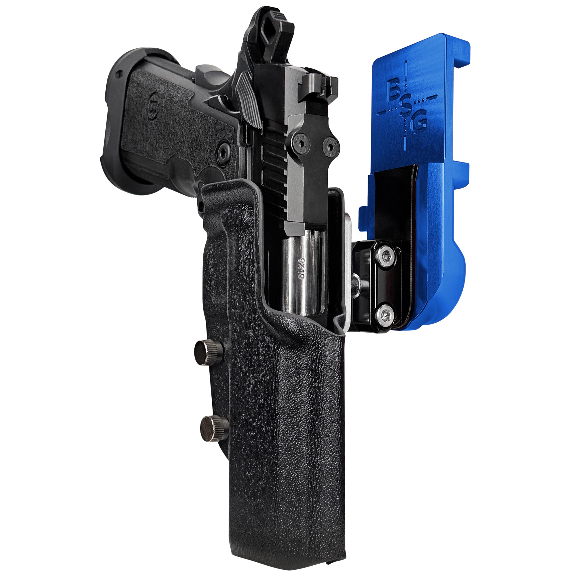 Bersa M2XI IPSC/USPA Quick Mount Ball Joint Holster with Blue Belt Attachment, Black Holster Shell