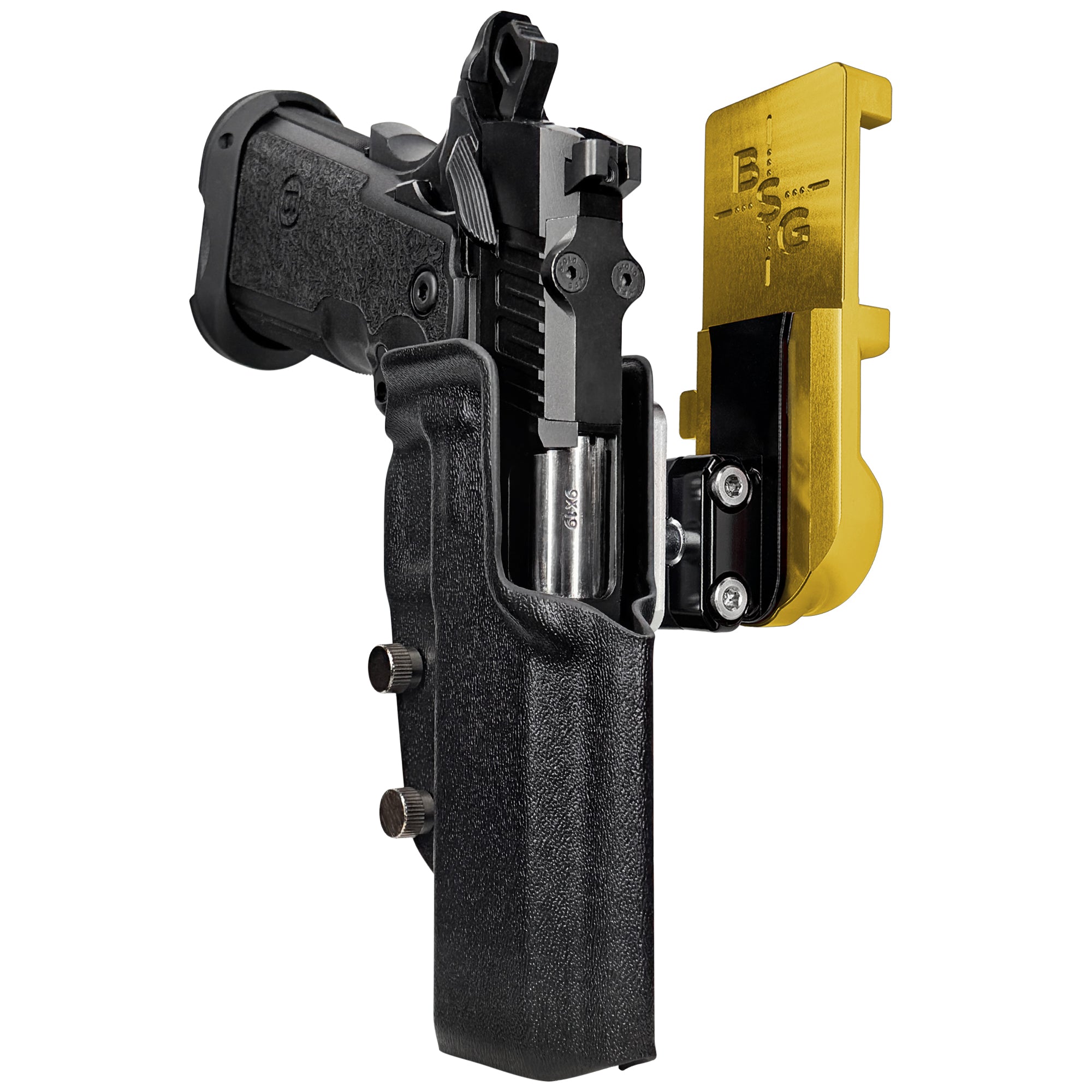 Bersa M2XI IPSC/USPA Quick Mount Ball Joint Holster with 24K Gold Belt Attachment, Black Holster Shell