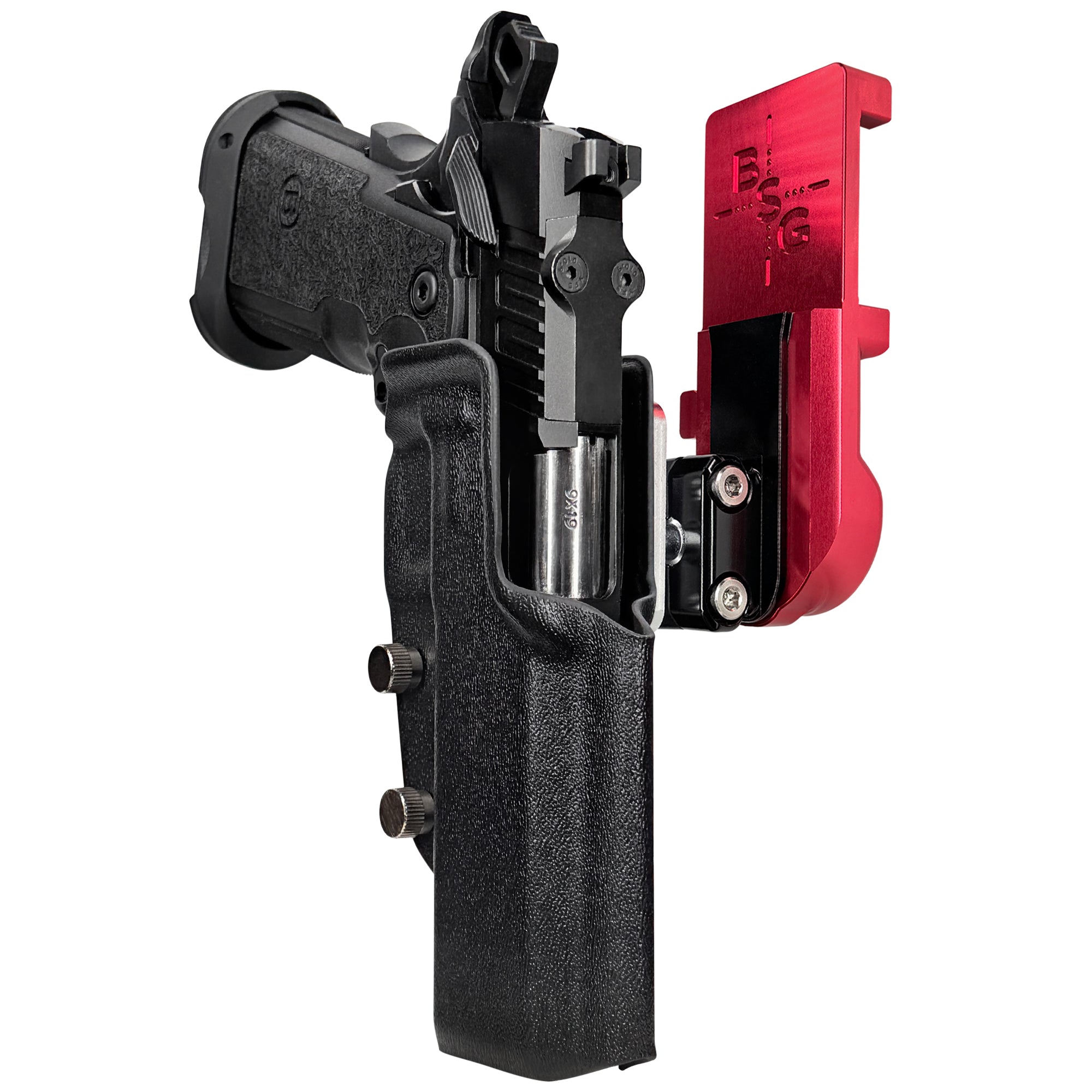 Bersa M2XI IPSC/USPA Quick Mount Ball Joint Holster with Red Belt Attachment, Black Holster Shell