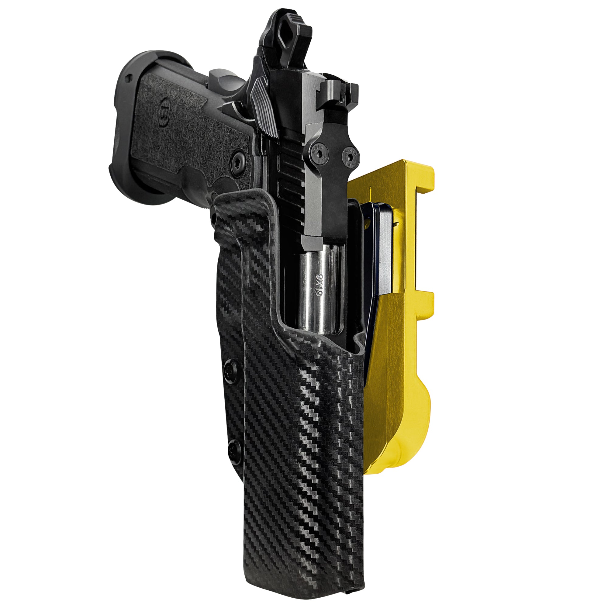Bersa M2XI IDPA Quick Mount Holster with 24K Gold Belt Attachment, Carbon Fiber Holster Shell