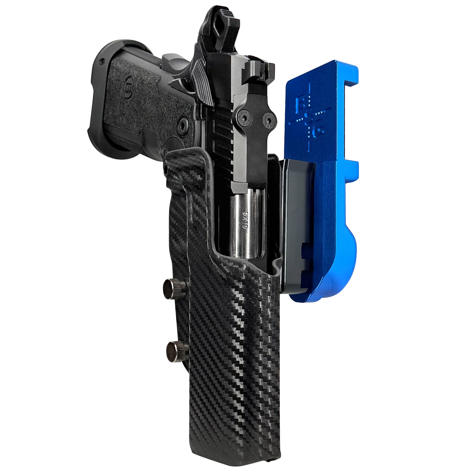 Bersa M2XI IPSC/USPA Quick Mount Holster with Blue Belt Attachment, Carbon Fiber Holster Shell