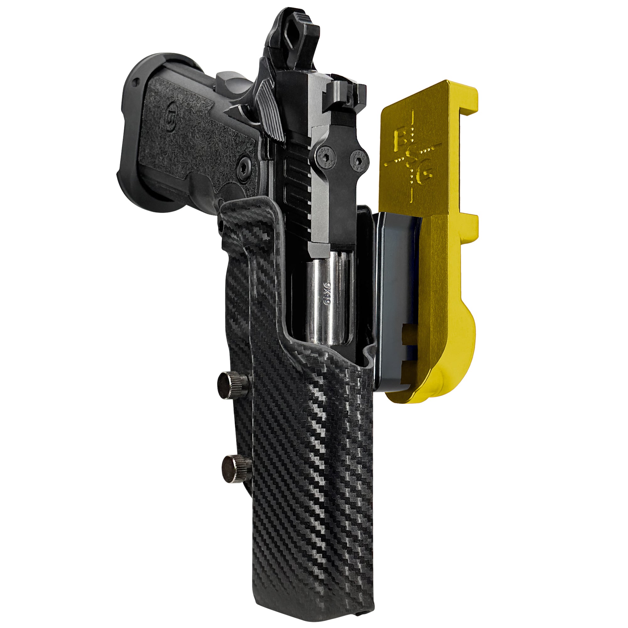 Bersa M2XI IPSC/USPA Quick Mount Holster with 24K Gold Belt Attachment, Carbon Fiber Holster Shell