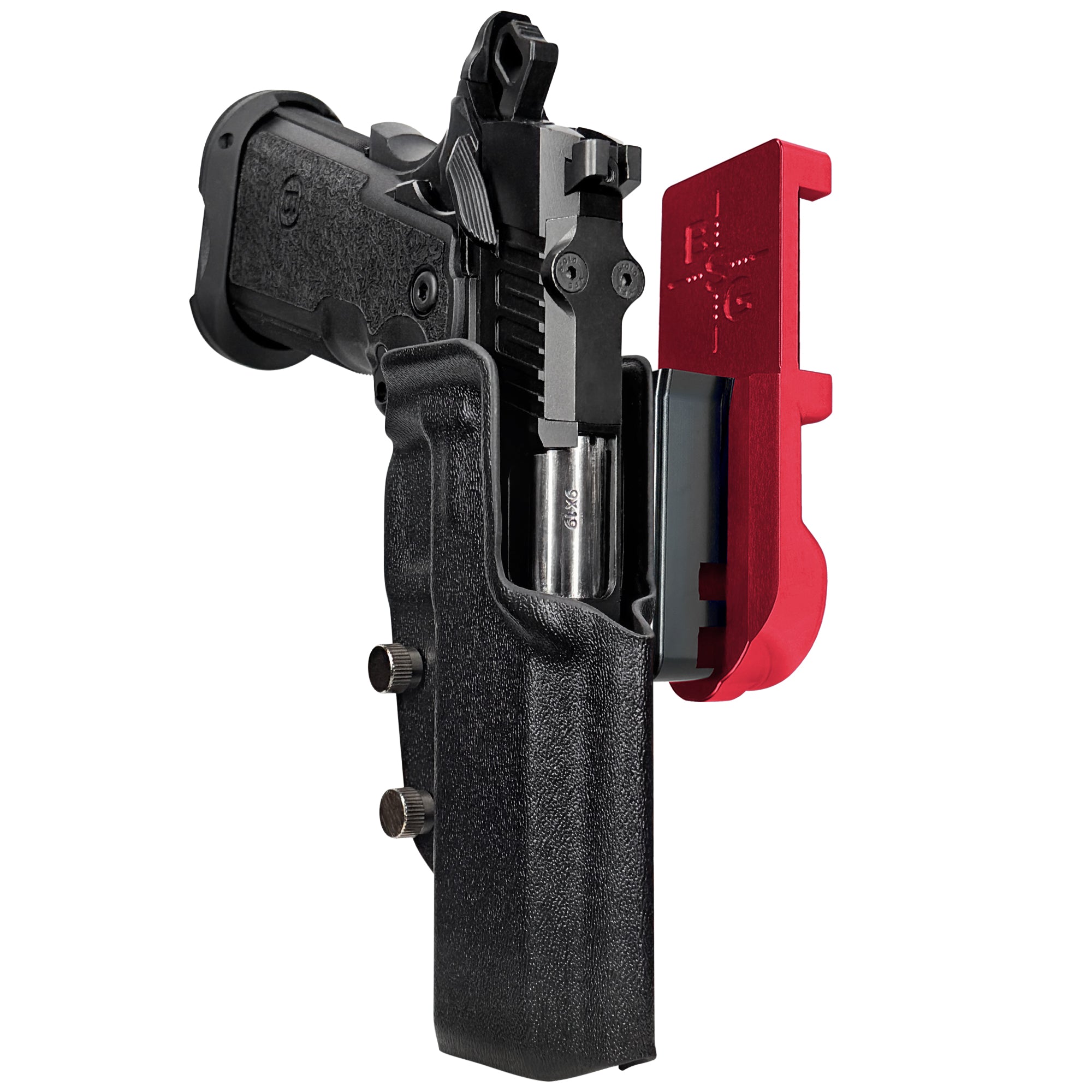 Bersa M2XI IPSC/USPA Quick Mount Holster with Red Belt Attachment, Black Holster Shell