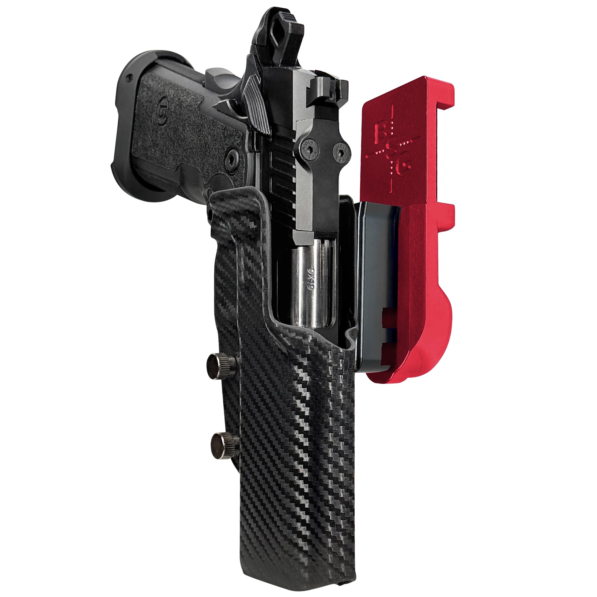 Bersa M2XI IPSC/USPA Quick Mount Holster with Red Belt Attachment, Carbon Fiber Holster Shell
