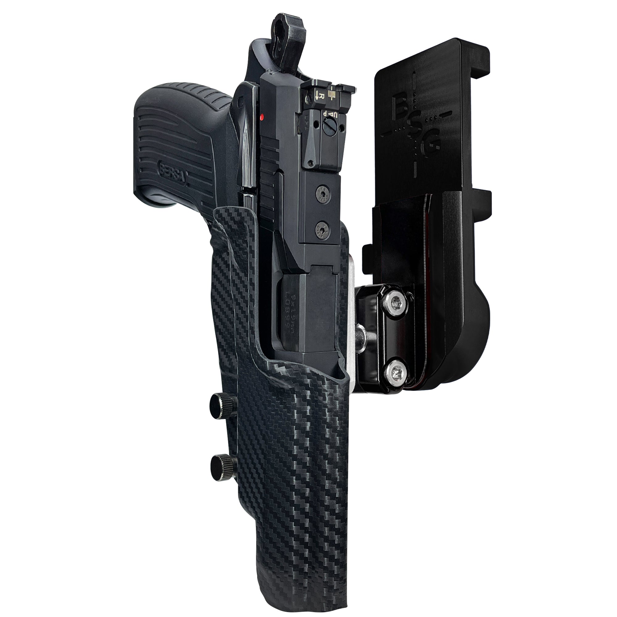 Bersa TPR9 XT IPSC/USPA Quick Mount Ball Joint Holster with Black Belt Attachment, Carbon Fiber Holster Shell