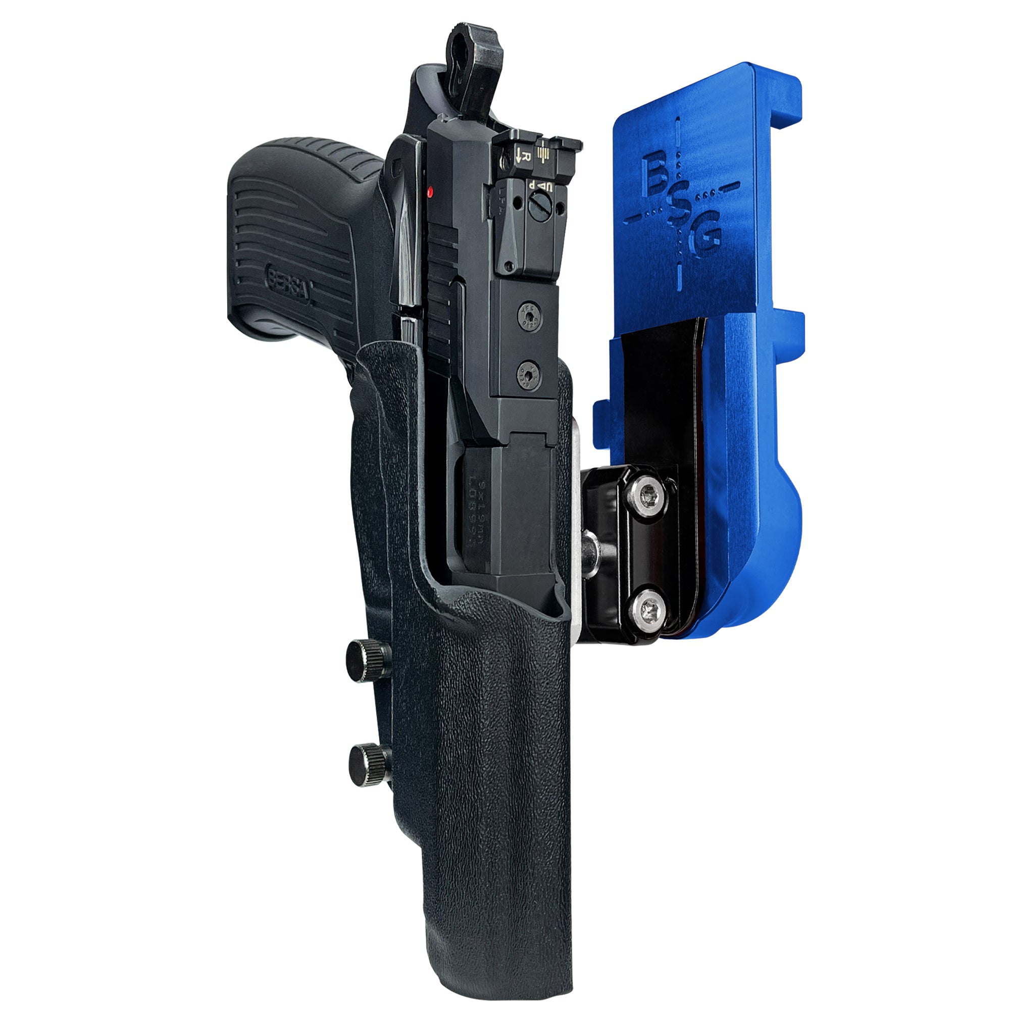 Bersa TPR9 XT IPSC/USPA Quick Mount Ball Joint Holster with Blue Belt Attachment, Black Holster Shell