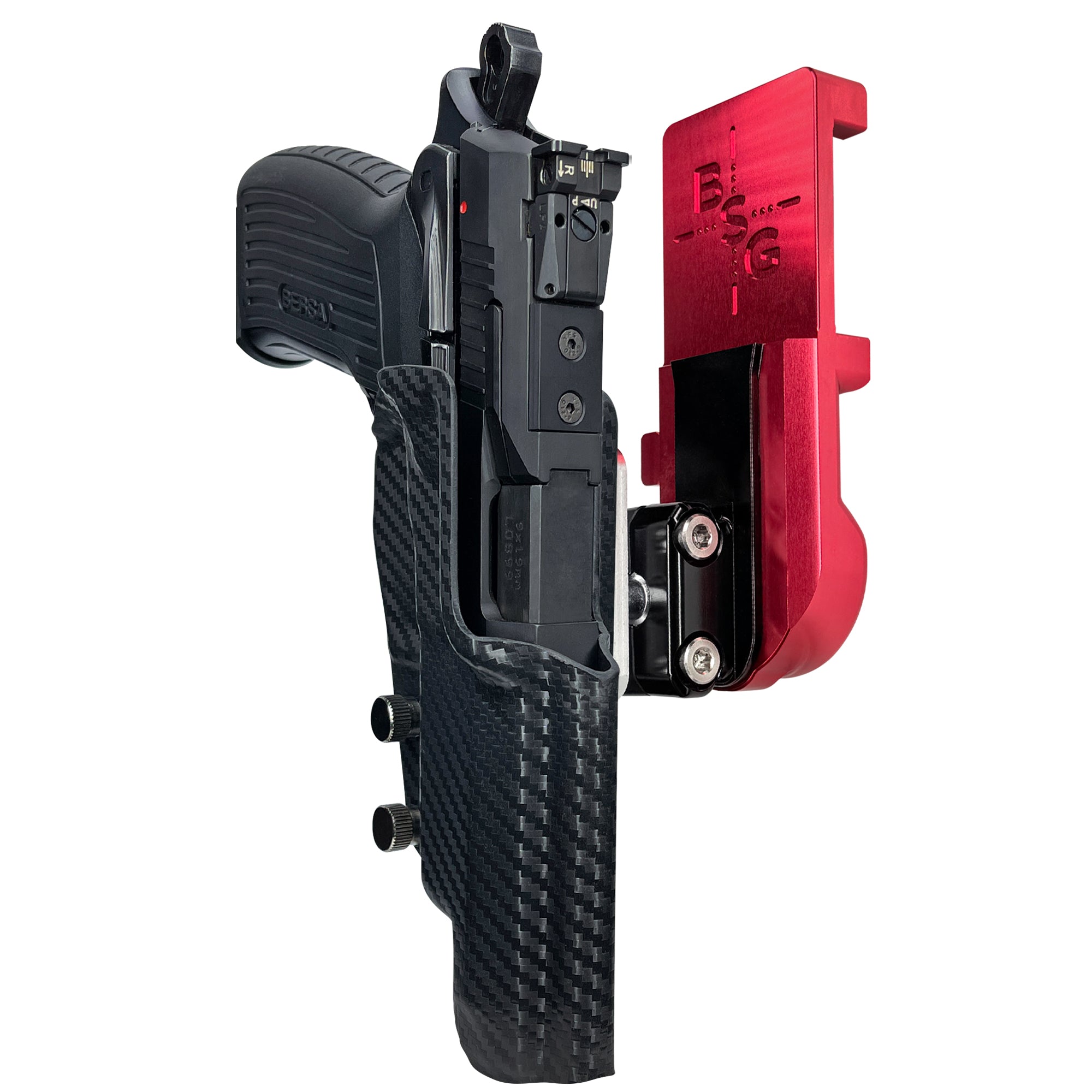 Bersa TPR9 XT IPSC/USPA Quick Mount Ball Joint Holster with Red Belt Attachment, Carbon Fiber Holster Shell