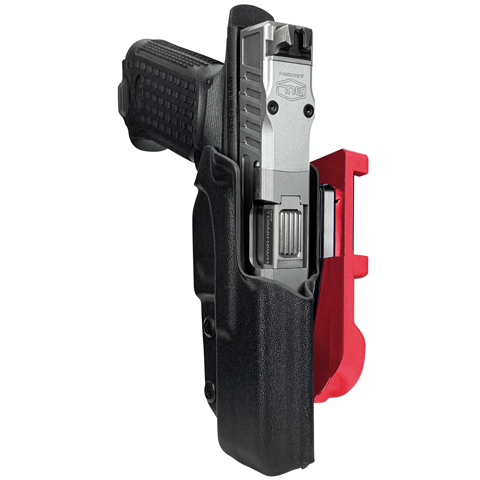 Bul Axe FS Hatchet IDPA Quick Mount Holster with Red Belt Attachment, Black Holster Shell