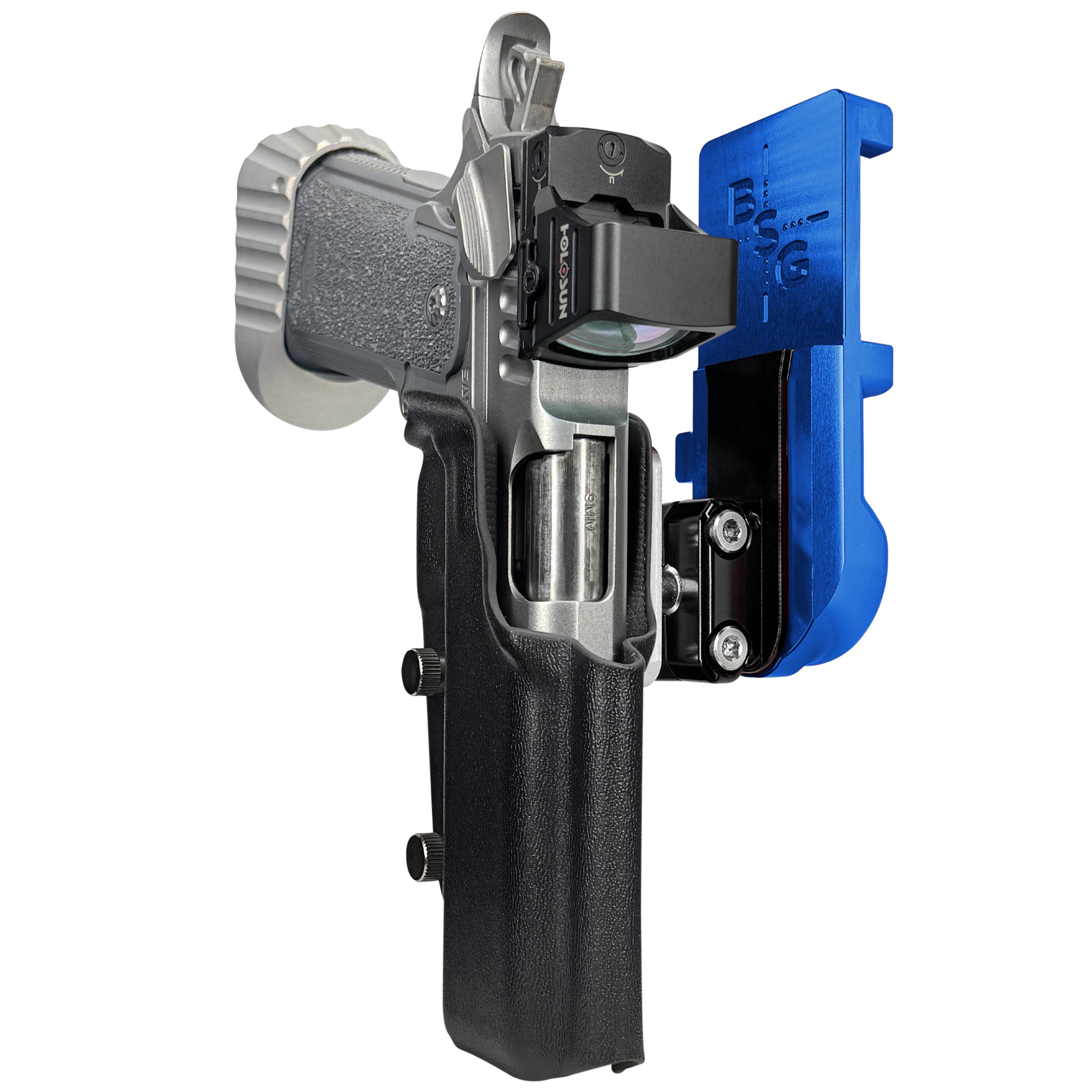 Bul Armory Blaze IPSC/USPA Quick Mount Ball Joint Holster with Blue Belt Attachment, Black Holster Shell