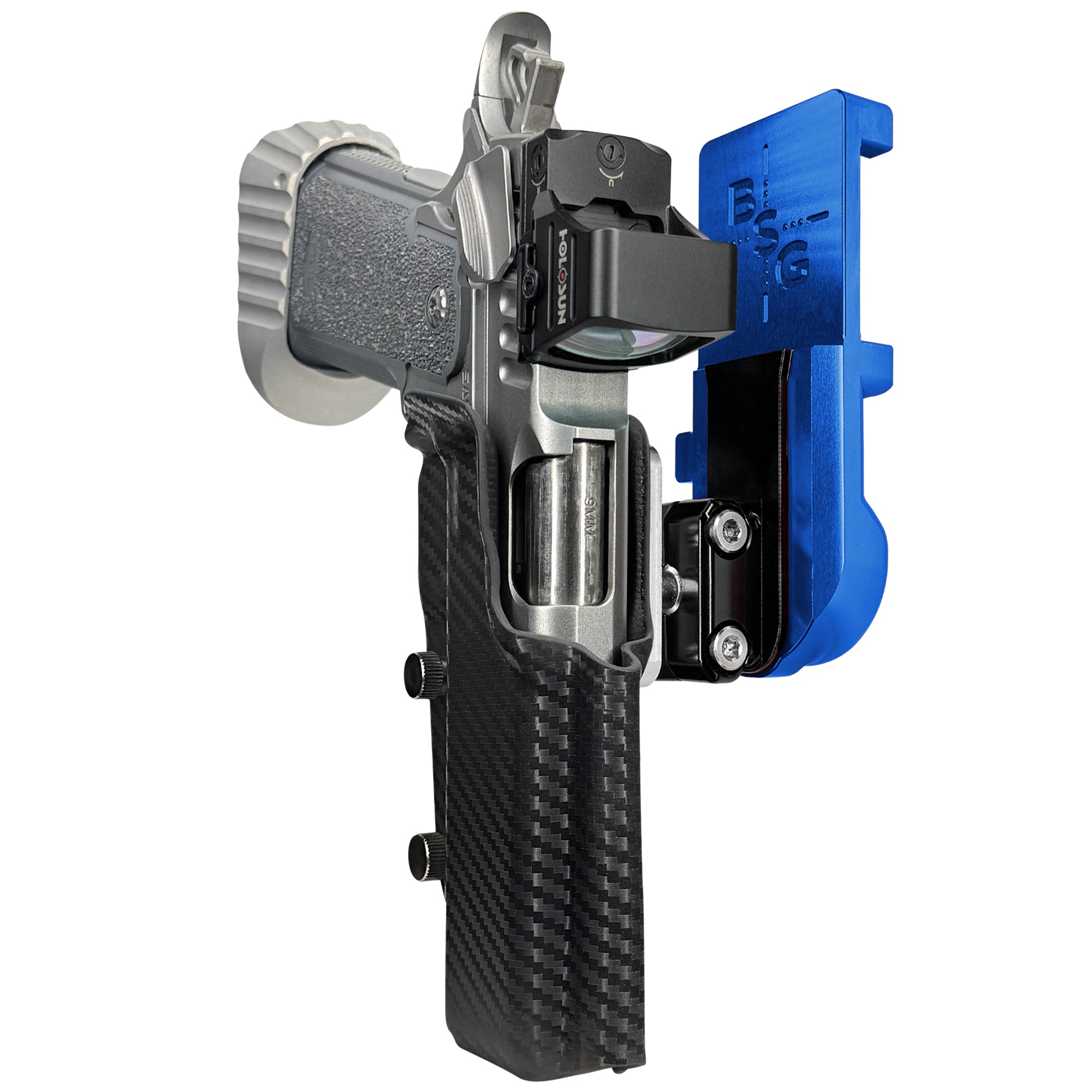 Bul Armory Blaze IPSC/USPA Quick Mount Ball Joint Holster with Blue Belt Attachment, Carbon Fiber Holster Shell
