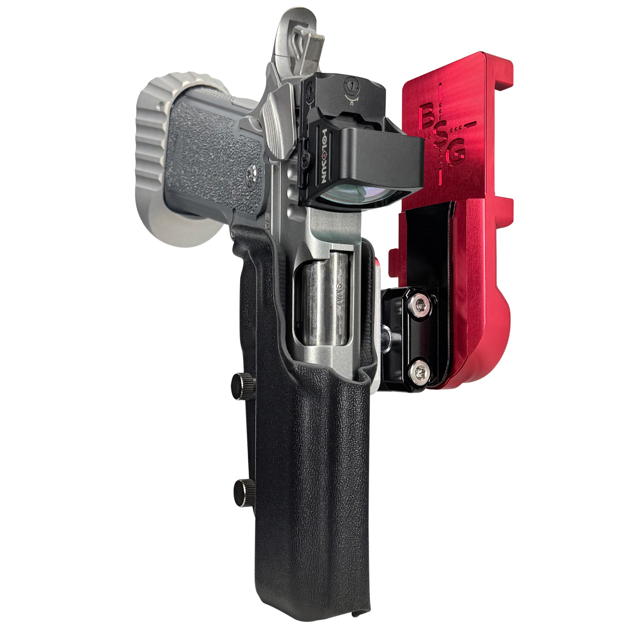 Bul Armory Blaze IPSC/USPA Quick Mount Ball Joint Holster with Red Belt Attachment, Black Holster Shell