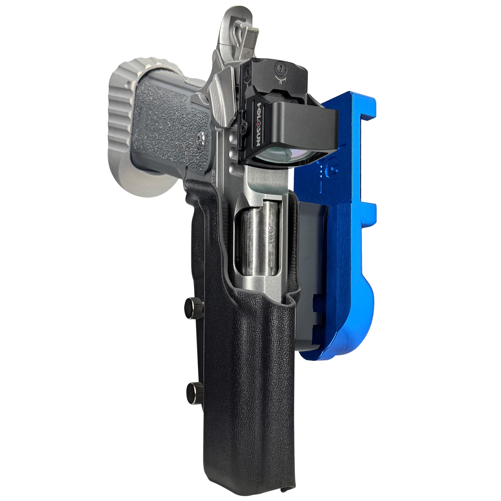 Bul Armory Blaze IPSC/USPA Quick Mount Holster with Blue Belt Attachment, Black Holster Shell