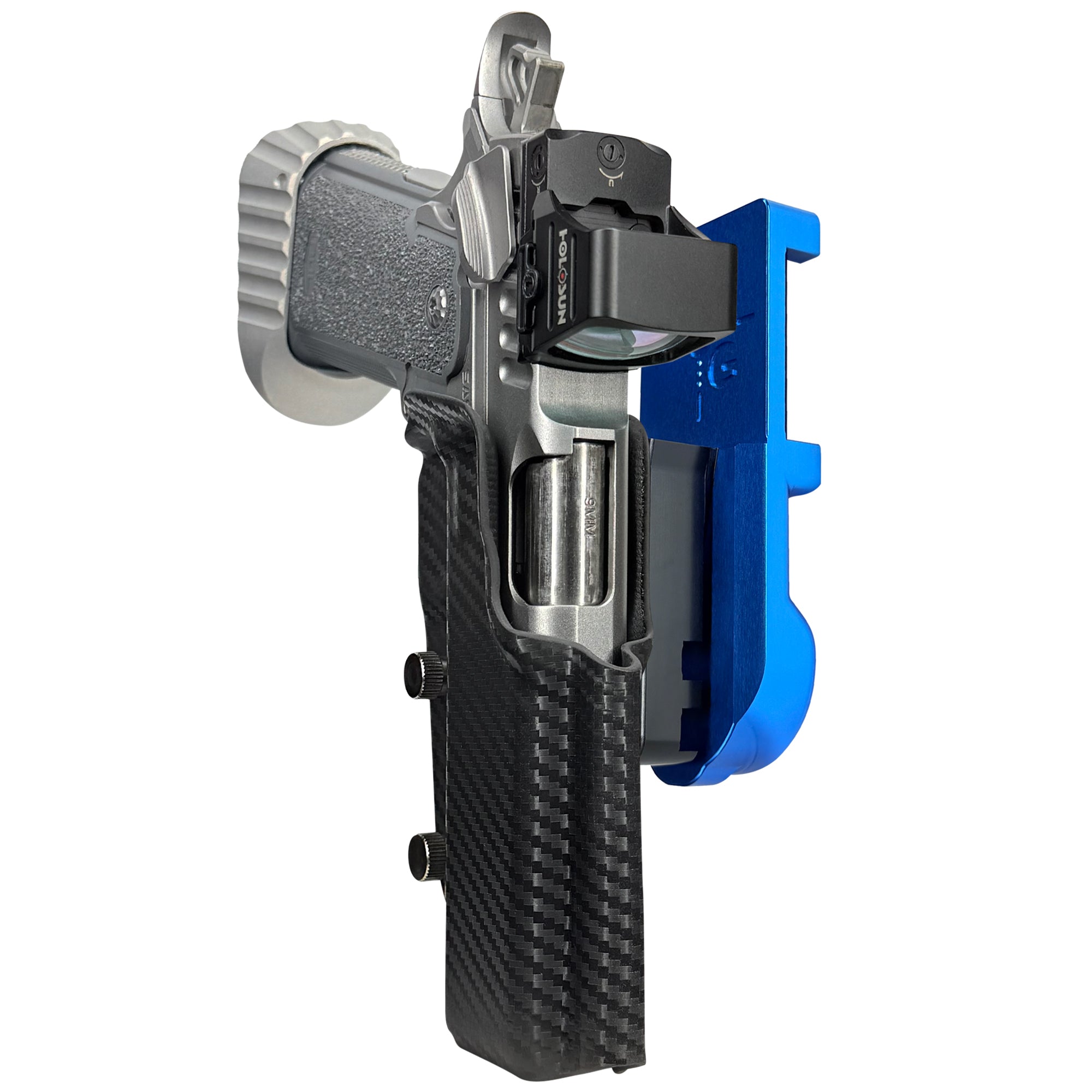 Bul Armory Blaze IPSC/USPA Quick Mount Holster with Blue Belt Attachment, Carbon Fiber Holster Shell