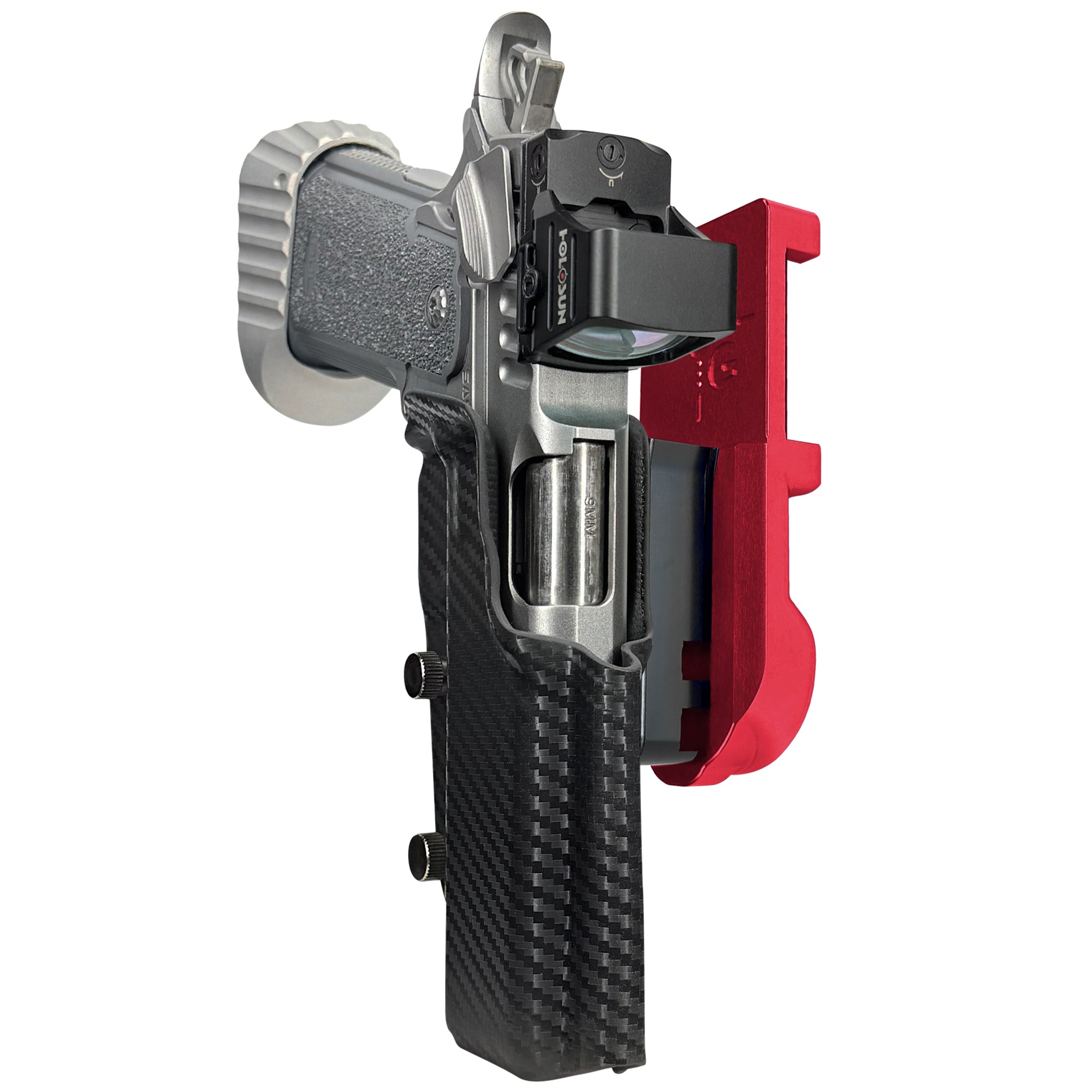 Bul Armory Blaze IPSC/USPA Quick Mount Holster with Red Belt Attachment, Carbon Fiber Holster Shell
