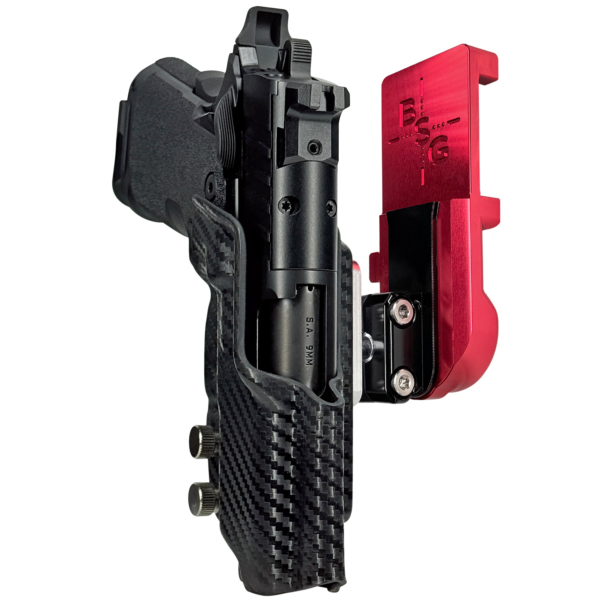 Springfield Prodigy 3.5'' IPSC/USPA Quick Mount Ball Joint Holster with Red Belt Attachment, Carbon Fiber Holster Shell