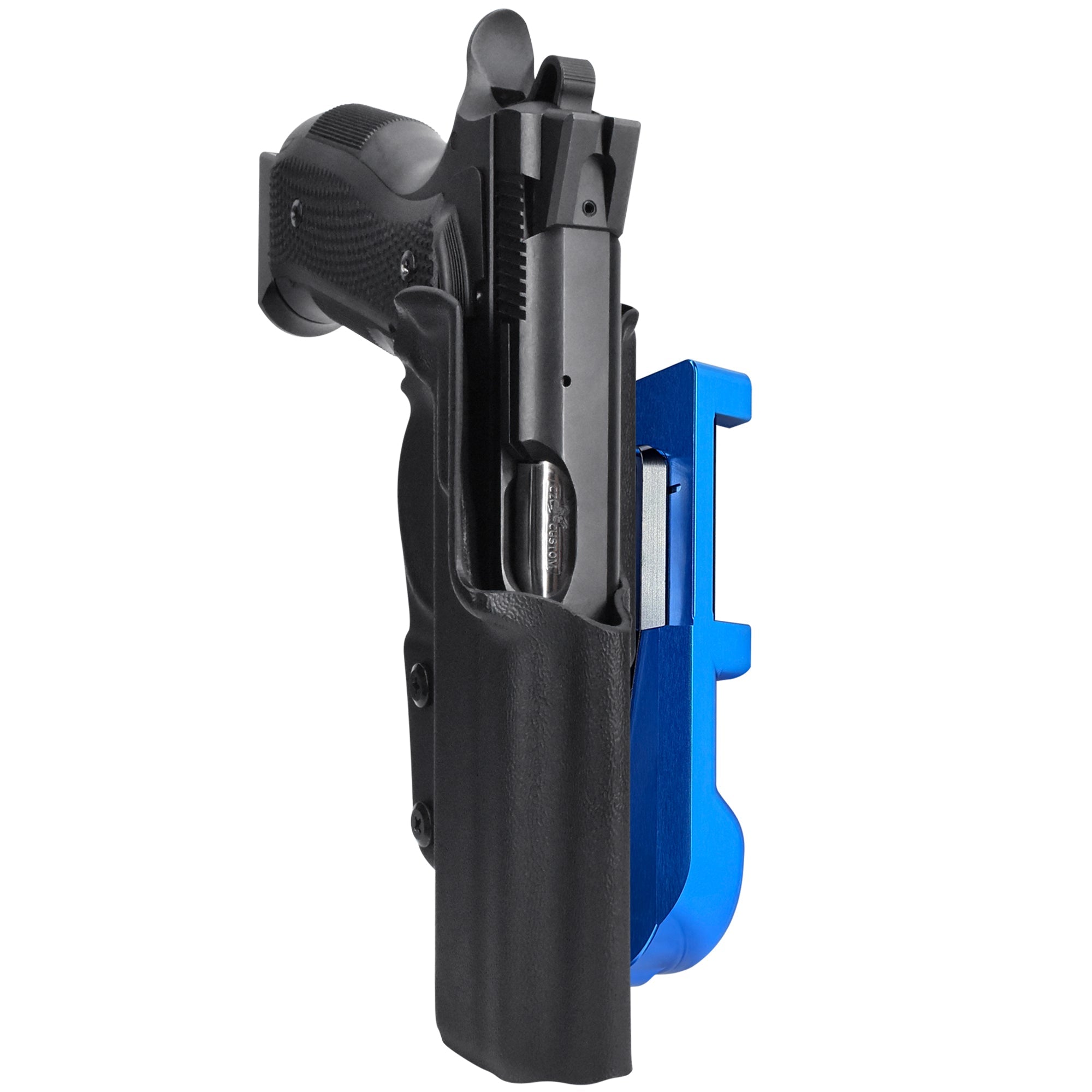 CZ A01-LD IDPA Quick Mount Holster with Blue Belt Attachment, Black Holster Shell