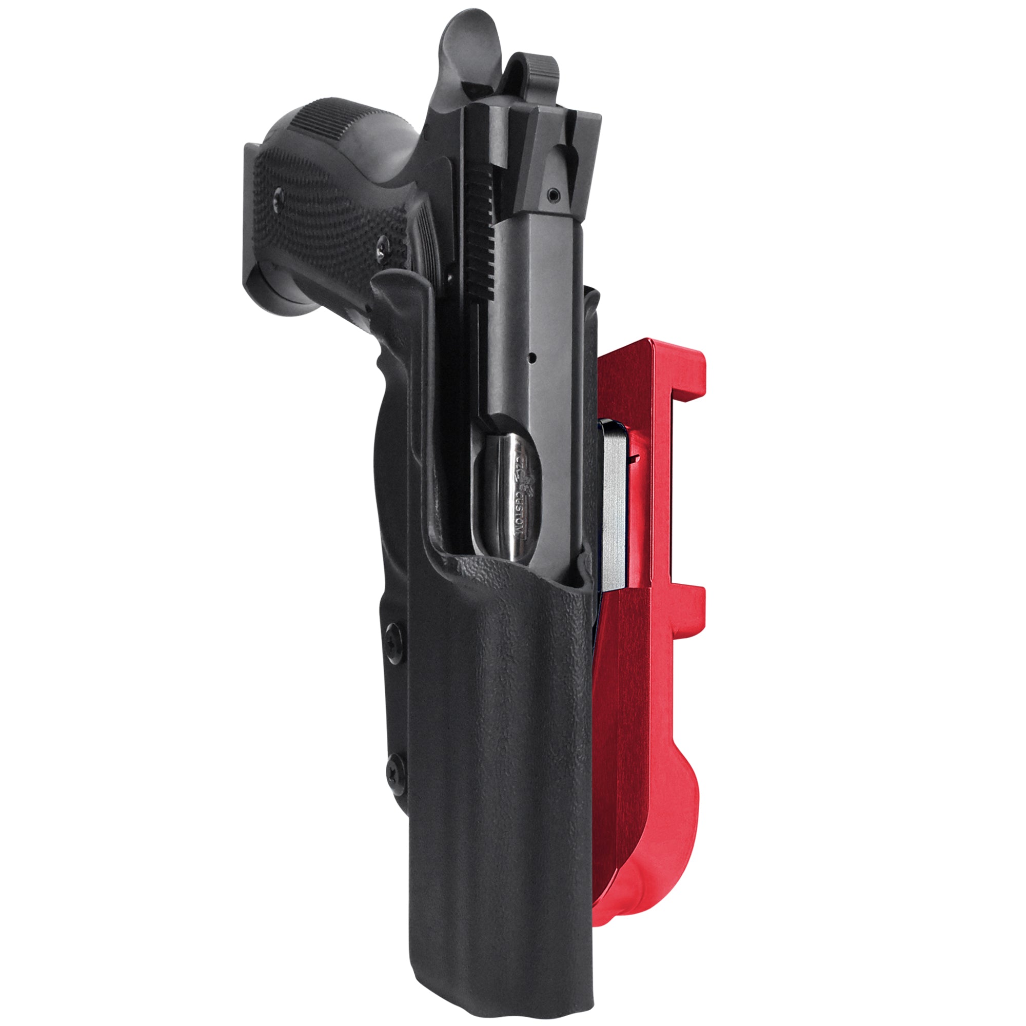 CZ A01-LD IDPA Quick Mount Holster with Red Belt Attachment, Black Holster Shell