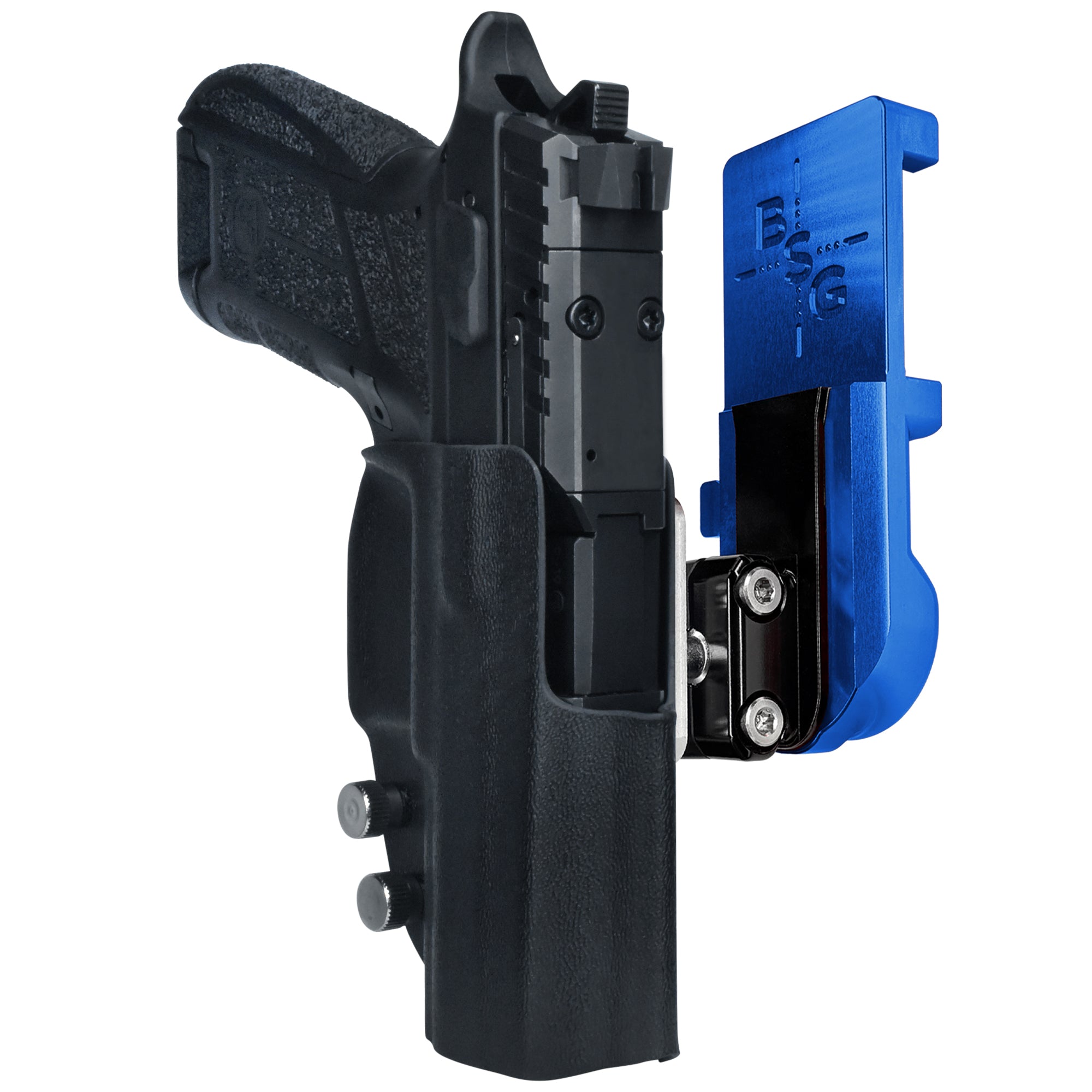 CZ P09 C Noturne IPSC/USPA Quick Mount Ball Joint Holster with Blue Belt Attachment, Black Holster Shell