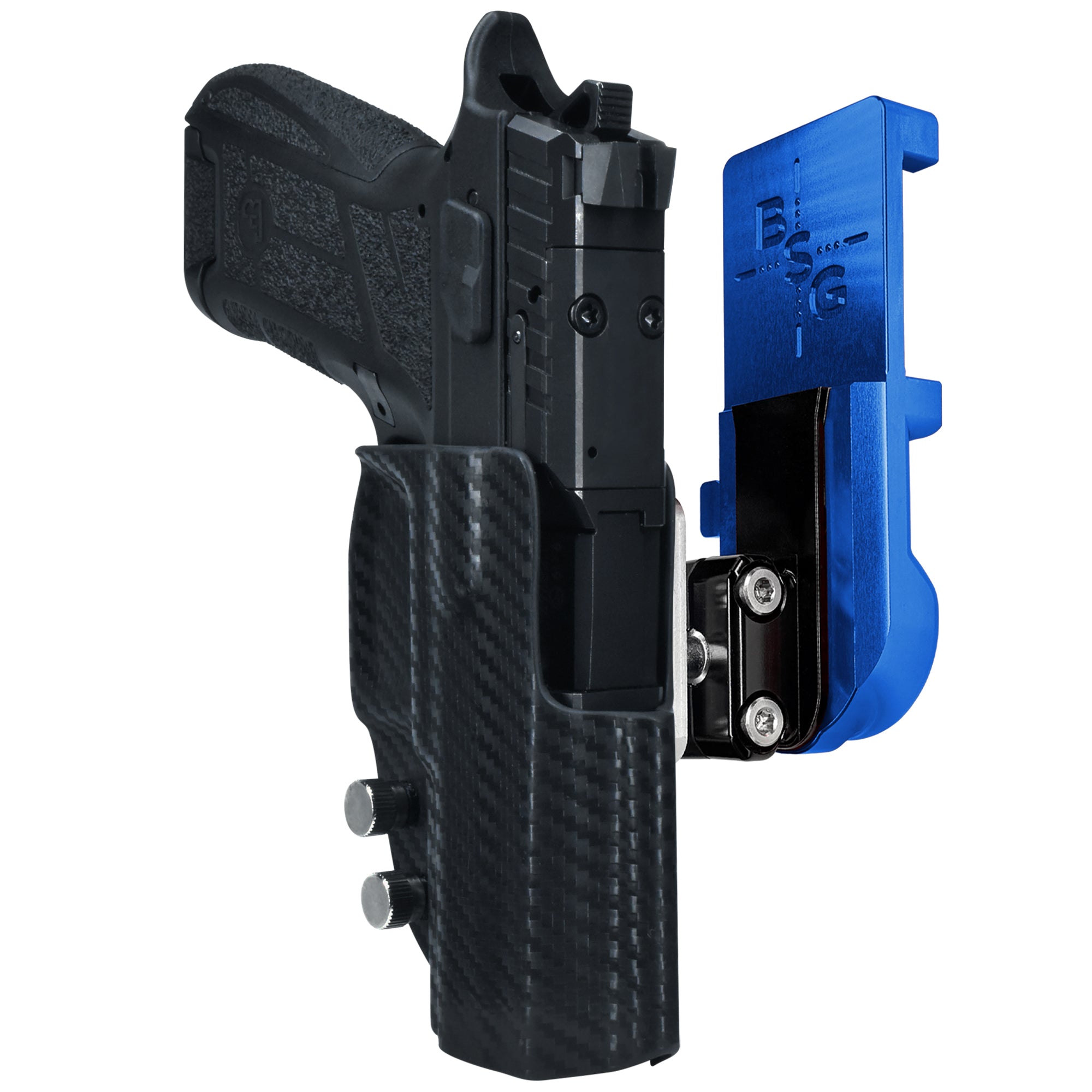 CZ P09 C Noturne IPSC/USPA Quick Mount Ball Joint Holster with Blue Belt Attachment, Carbon Fiber Holster Shell