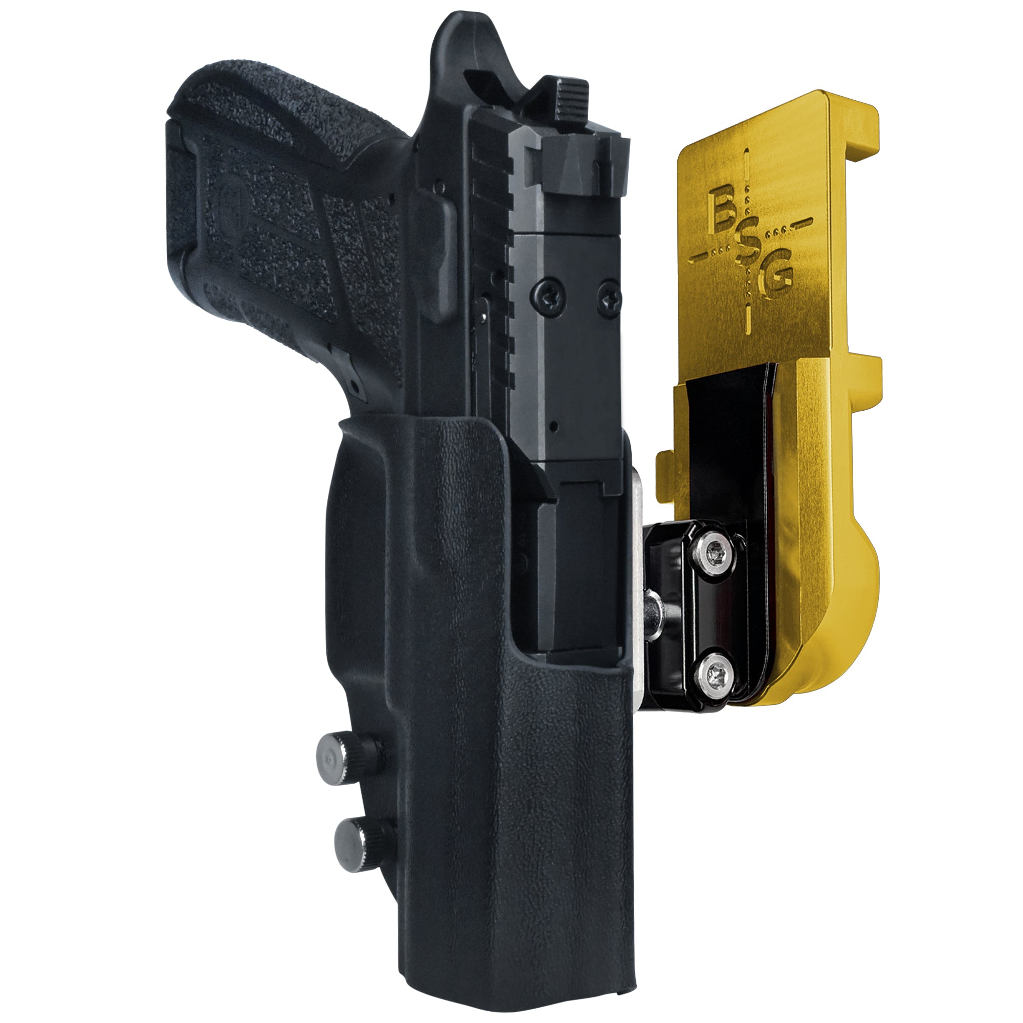 CZ P09 C Noturne IPSC/USPA Quick Mount Ball Joint Holster with 24K Gold Belt Attachment, Black Holster Shell