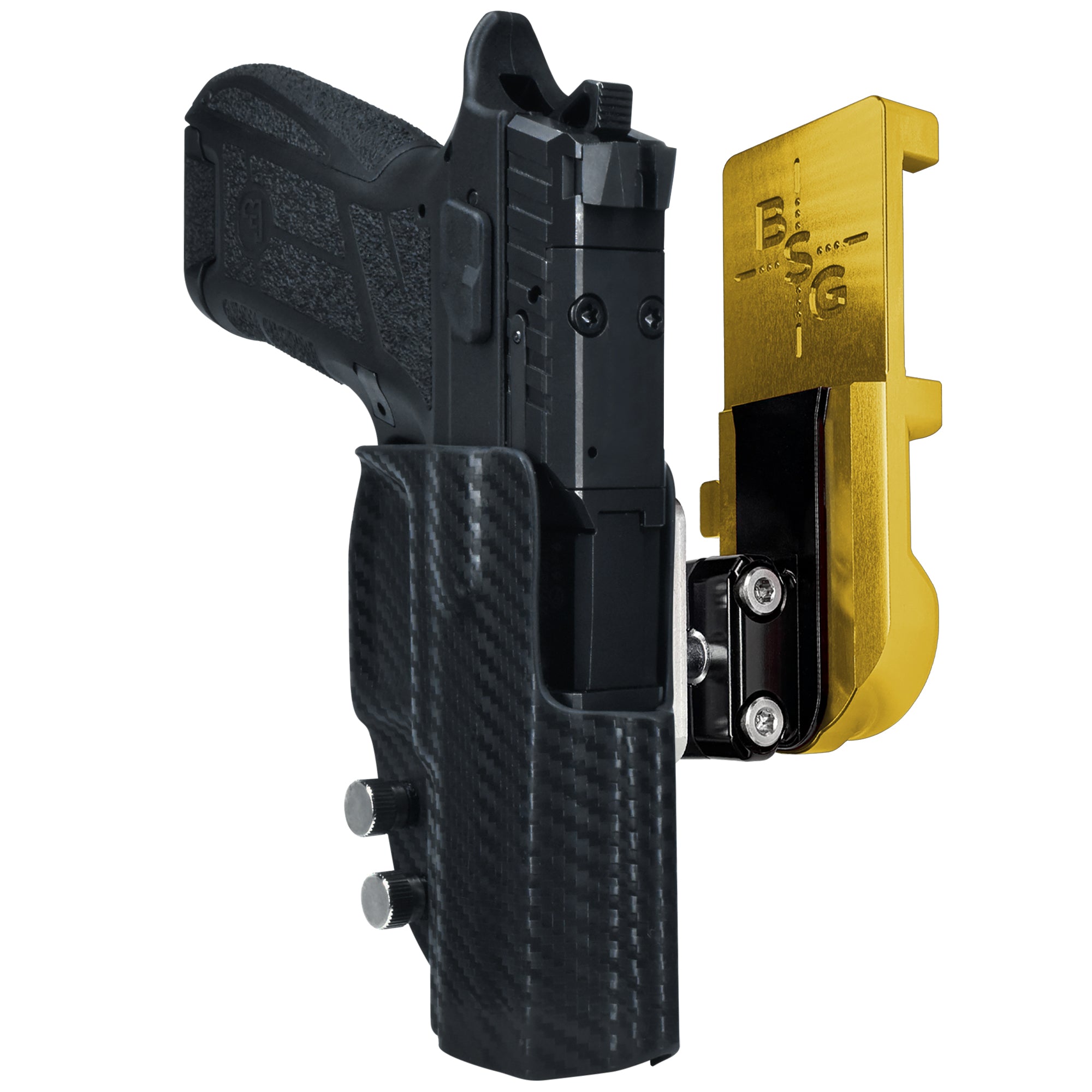 CZ P09 C Noturne IPSC/USPA Quick Mount Ball Joint Holster with 24K Gold Belt Attachment, Carbon Fiber Holster Shell