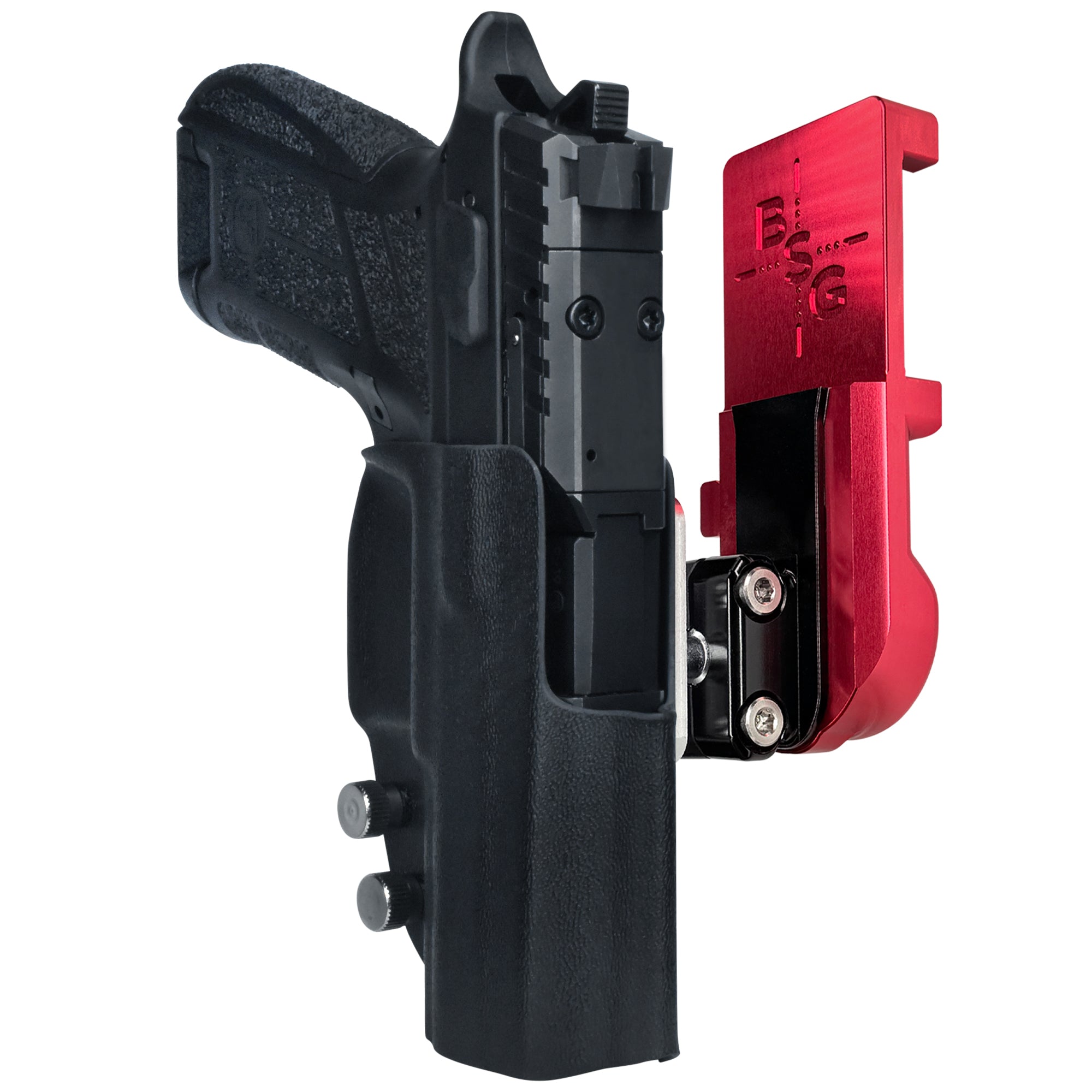 CZ P09 C Noturne IPSC/USPA Quick Mount Ball Joint Holster with Red Belt Attachment, Black Holster Shell