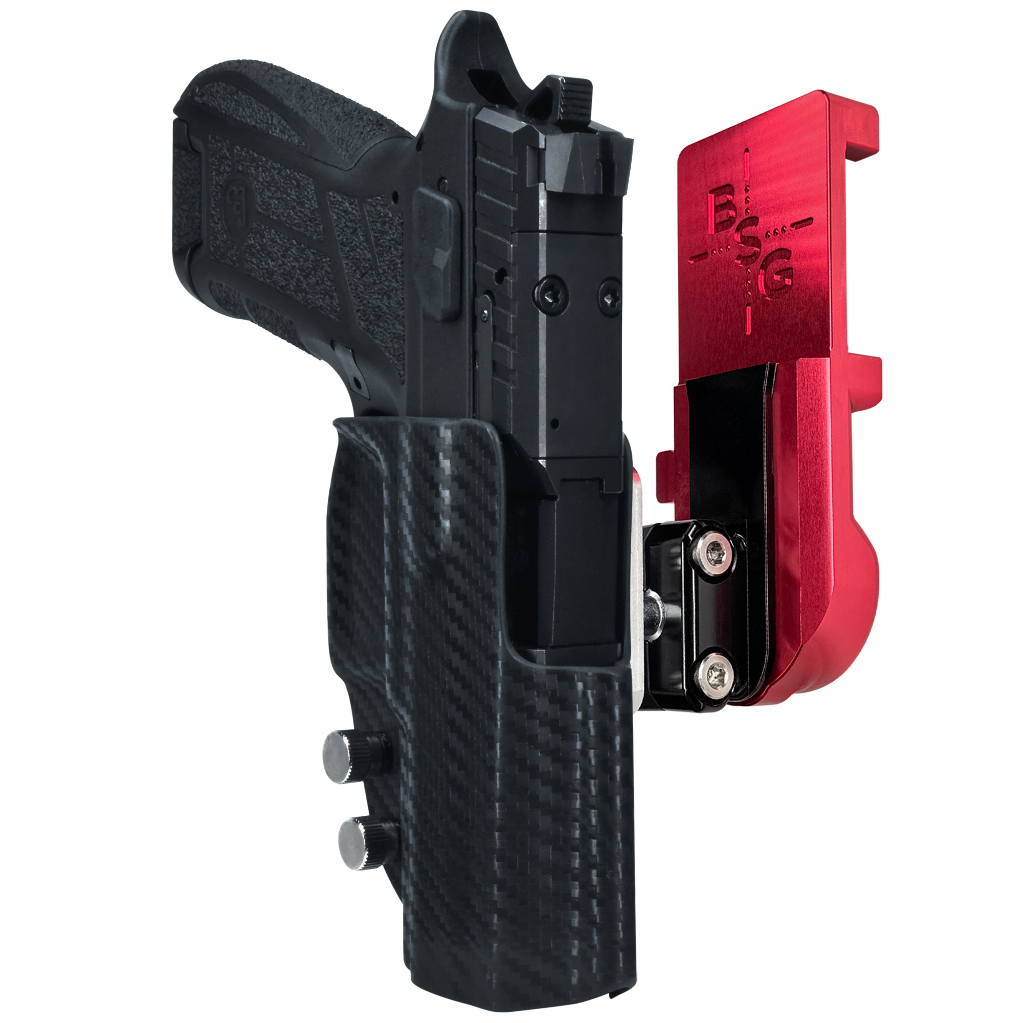 CZ P09 C Noturne IPSC/USPA Quick Mount Ball Joint Holster with Red Belt Attachment, Carbon Fiber Holster Shell