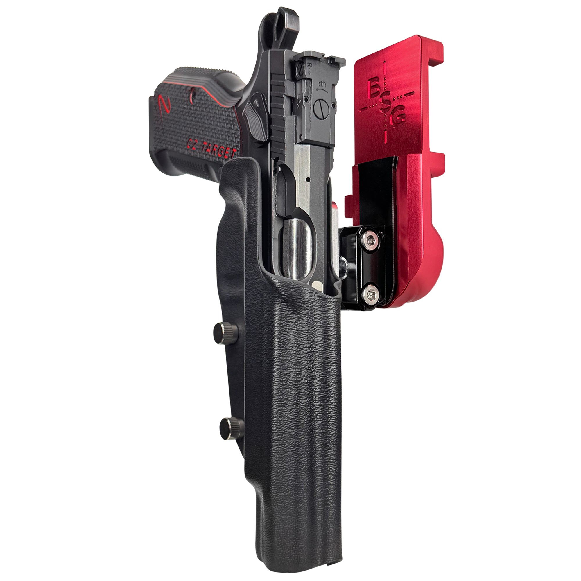 CZ Shadow 2 Target 6'' - No Weight IPSC/USPA Quick Mount Ball Joint Holster with Red Belt Attachment, Black Holster Shell